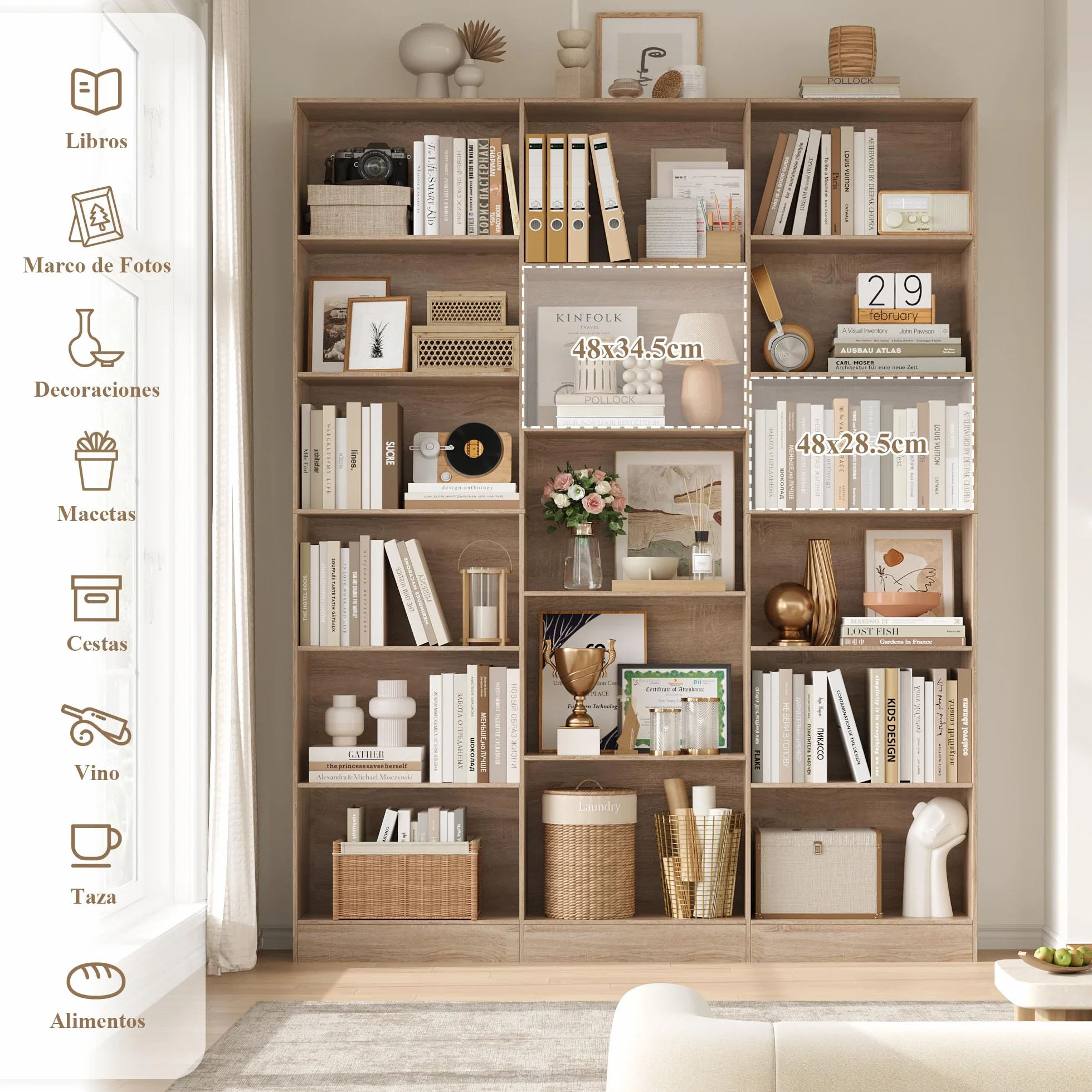 FirFurd 188cm Estantería Grande, Estanterías Almacenaje Madera, Librería, Estanterias para Libros, para Salón, Oficina y Estudio, 3 Filas, con 17 Compartimentos, 188 x 149 x 23,5 cm (Roble Claro)