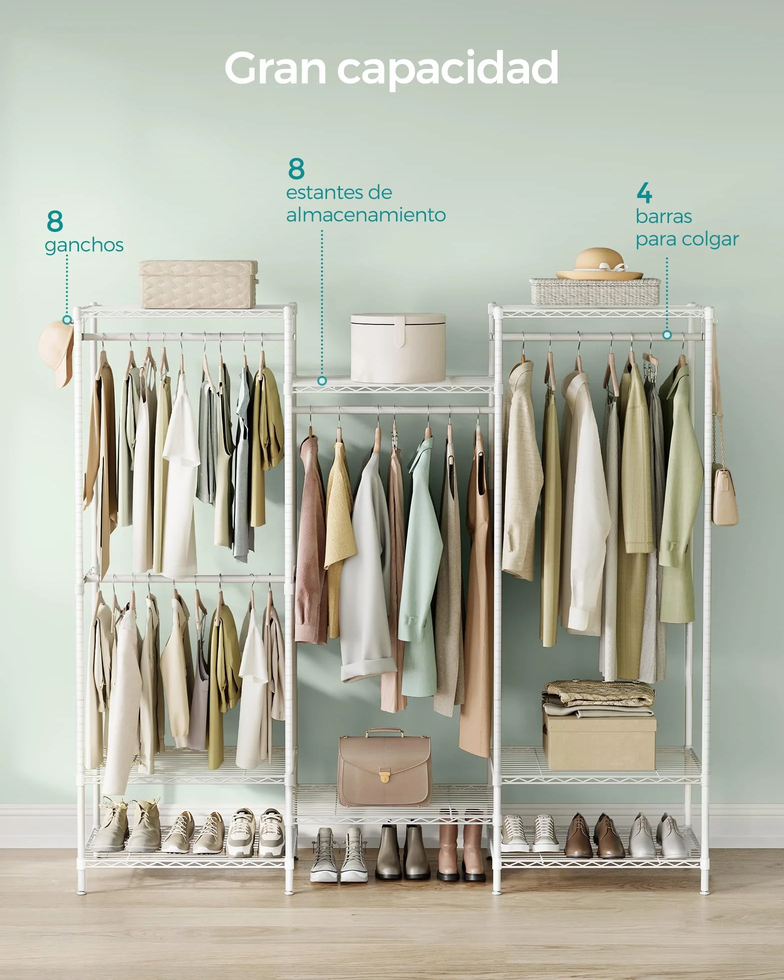SONGMICS Armario de Ropa, Armario de Metal con Estantes Ajustables, Barras para Colgar y Ganchos, Duradero, Perchero Separable, Blanco Nube LGR431W01