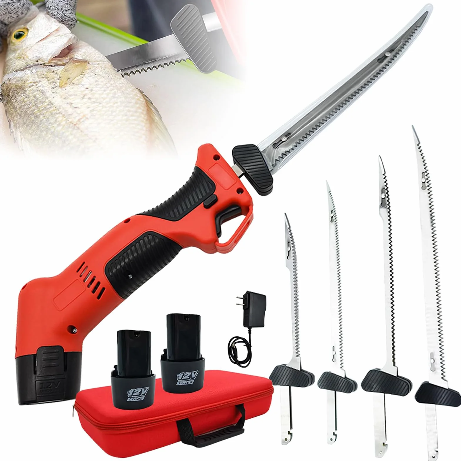 Cuchillo para Filete eléctrico inalámbrico, Cuchillo para Filete de Pescado Recargable con 4 Cuchillas antiadherentes recubiertas de nitruro de Titanio S.S. y 2 baterías, Velocidad Variable Continua