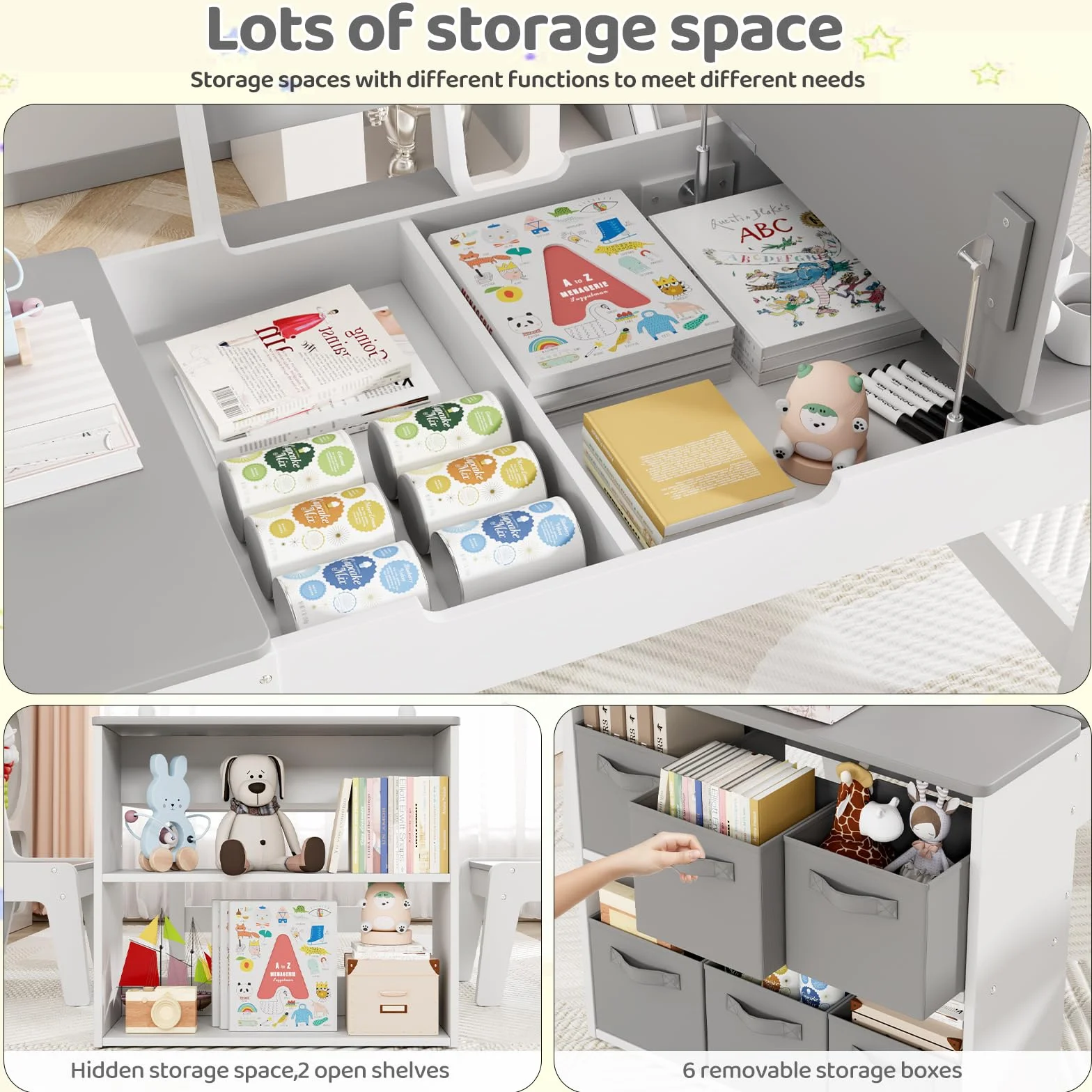 MAMIZO Mesa y Sillas Infantiles Madera con 2 Sillas, Mobiliario Infantil con Espacio de Almacenaje para Niños a Partir de 3 Años, Mesa de Pintura para Habitación Infantil, Sala de Juegos (Gris)