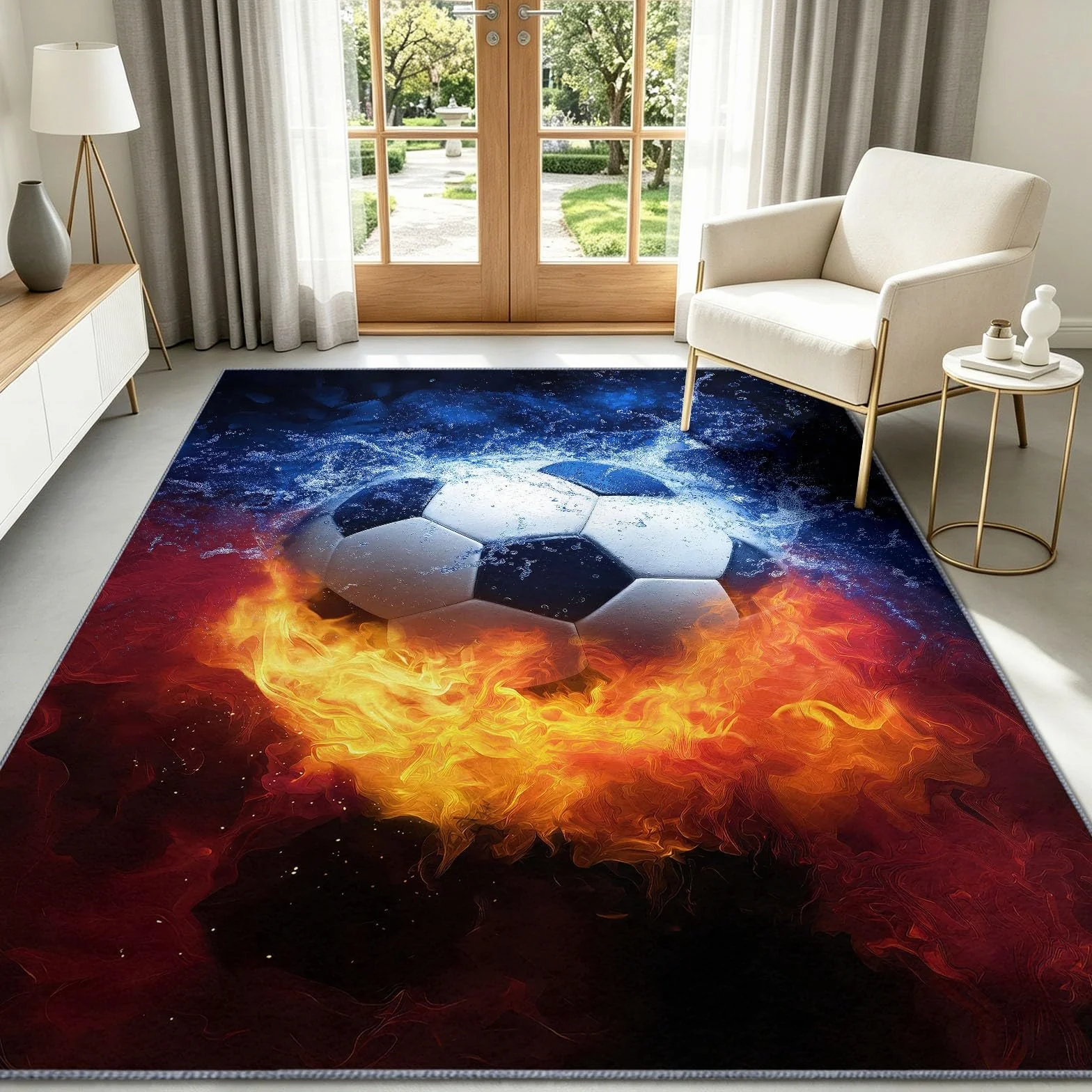 Fantasy Art - Alfombra antideslizante para sala de estar, 100 x 160 cm, alfombra de suelo, color negro y blanco, pelota de fútbol, lavable, pelo bajo, para sala de estar, dormitorio, comedor
