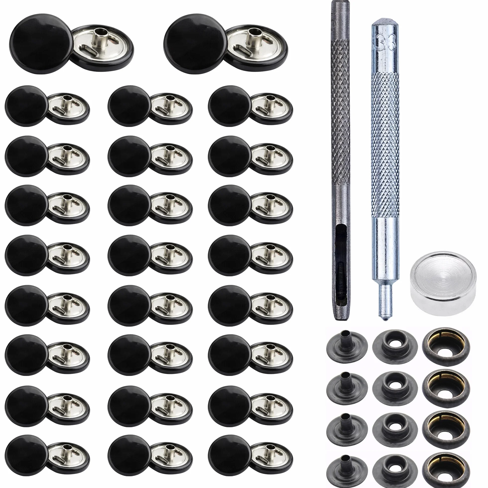 Botones de presión negros brillantes de 15 mm, 4 partes, duraderos y ligeros, cierres de metal con herramienta de fijación a mano para jeans, cuero, proyectos de costura de correas, , 500 piezas