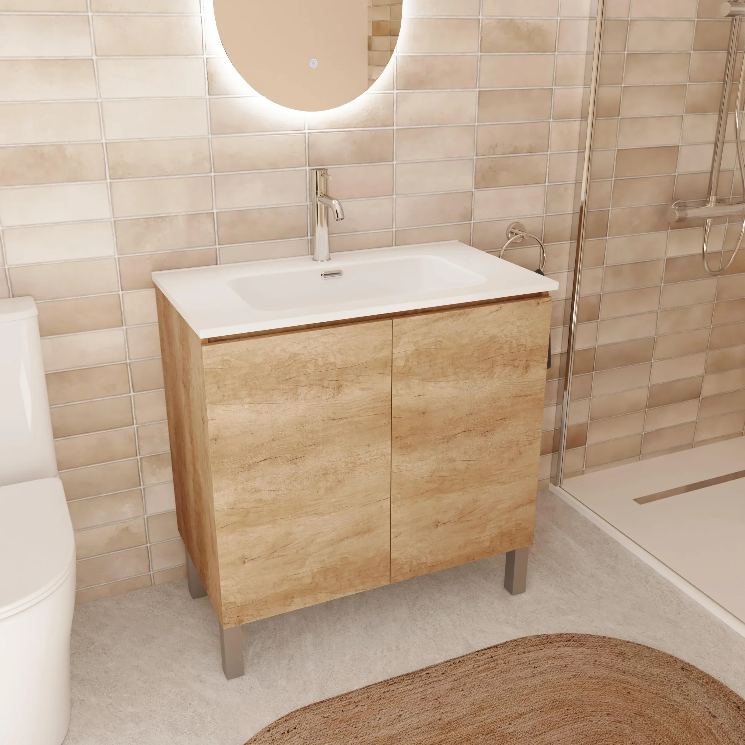 Baikal Mueble de Baño Nook. Mueble MONTADO. 60cm Nature 2 Puertas. Cierre Amortiguado. Patas Cromadas. Armario de Baño. Incluye Lavabo Ceramico
