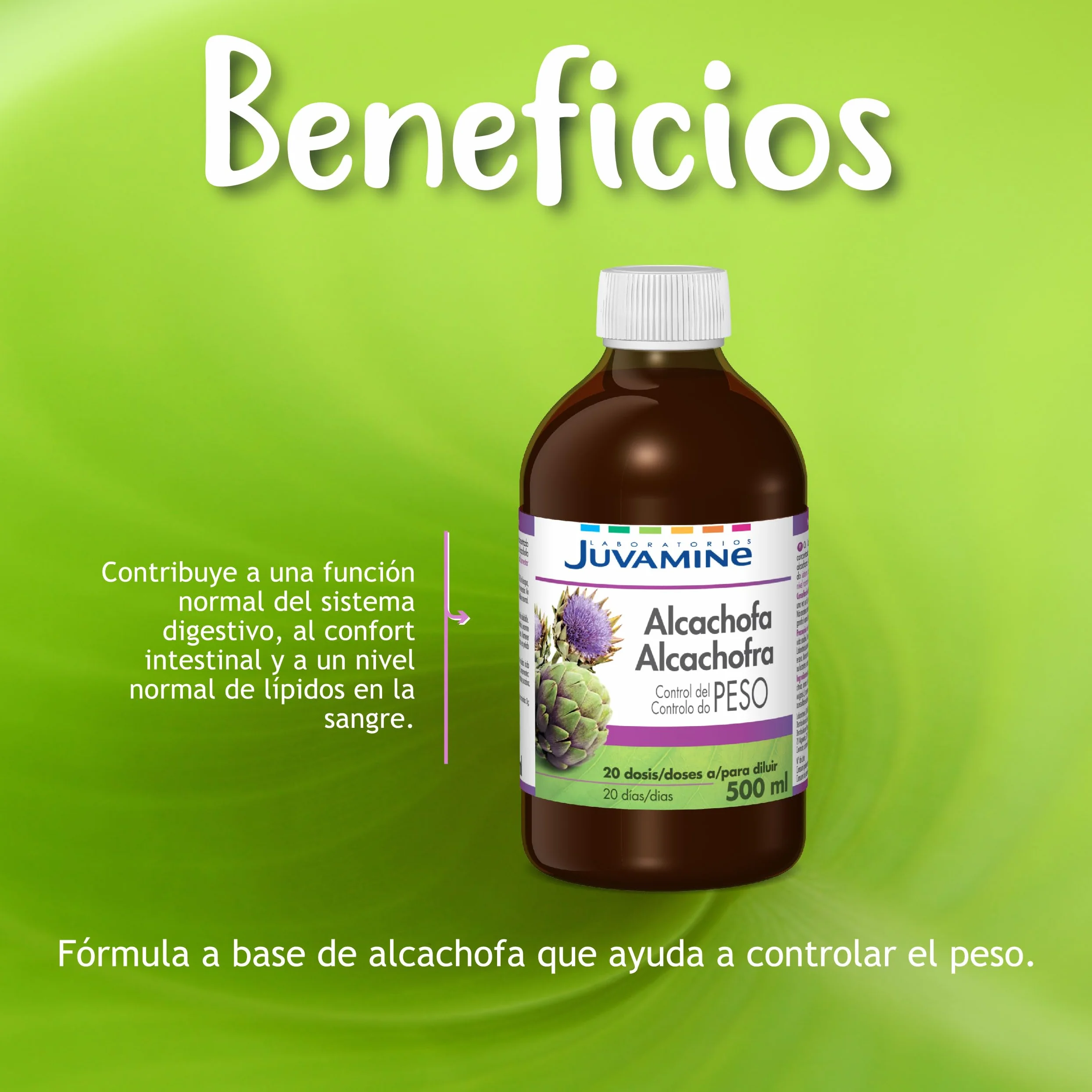 JUVAMINE Botella Alcachofa 500mL Programa 20 Días Control de Peso Sistema Digestivo Sabor Frutos Rojos