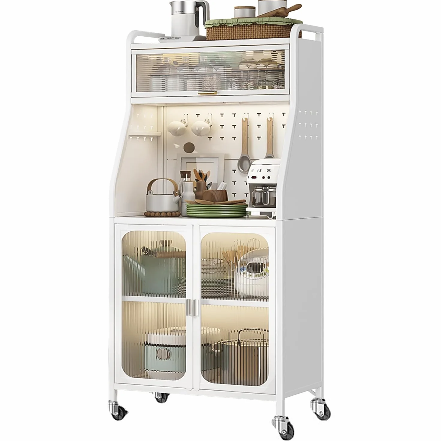 Armario de Cocina, Mueble Auxiliar De Cocina, 5 Niveles Aparador, con Orificio para Cables, con Ganchos Ruedas, Puerta Magnética, Color Blanco(66x36x164cm)