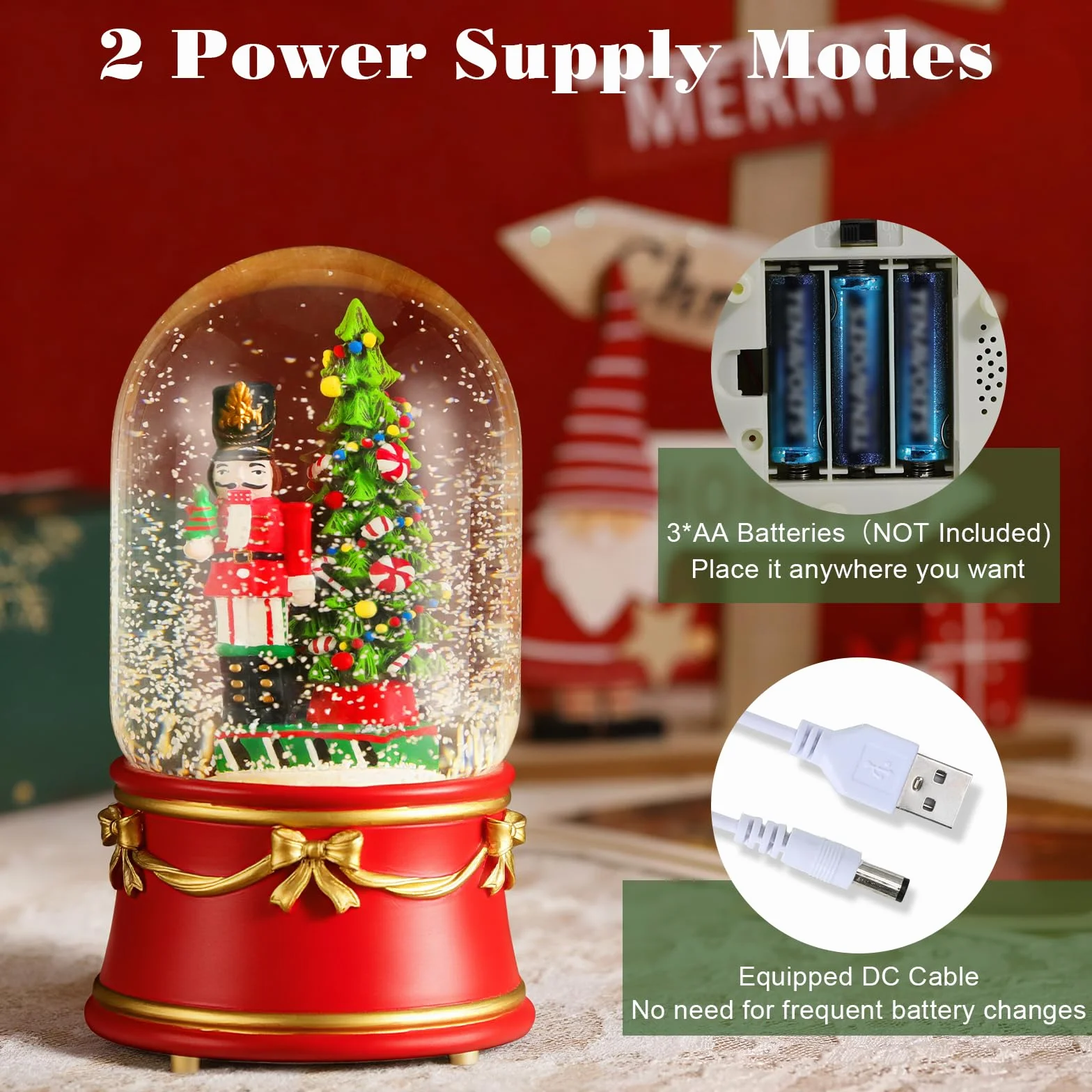 Lewondr Globo de Nieve Navideño, Globo de Cristal con 8 Canciones Navideñas, Caja de Música Eléctrica Reno con Cascanueces y árbol de Navidad, Decoración de Navidad para Chimenea de Dormitorio