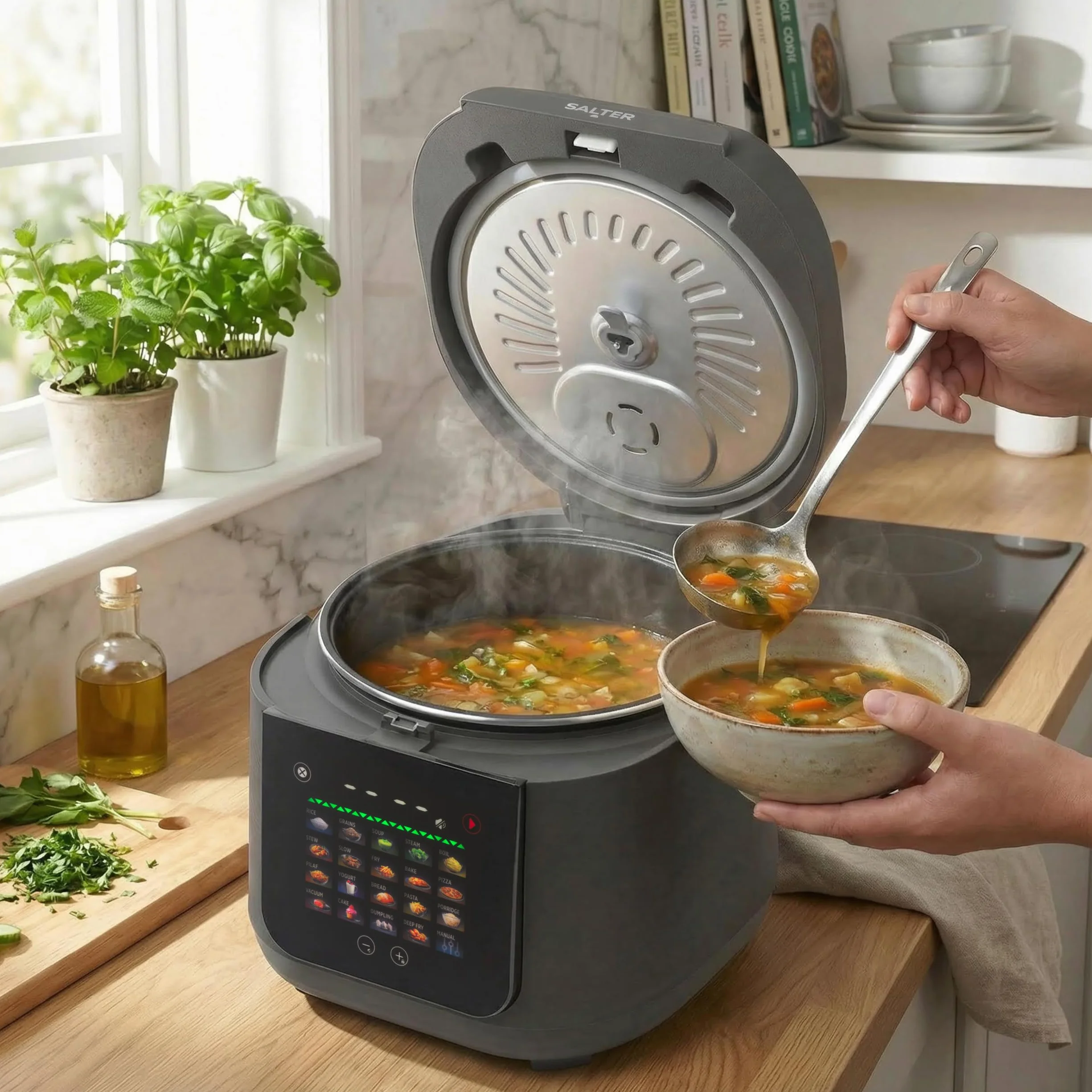 Salter Multicooker de 5 litros - 20 programas preestablecidos y función mantener caliente durante 12 horas, recubrimiento antiadherente sin PFAS, tapa interior y válvula de vapor extraíbles, 860W