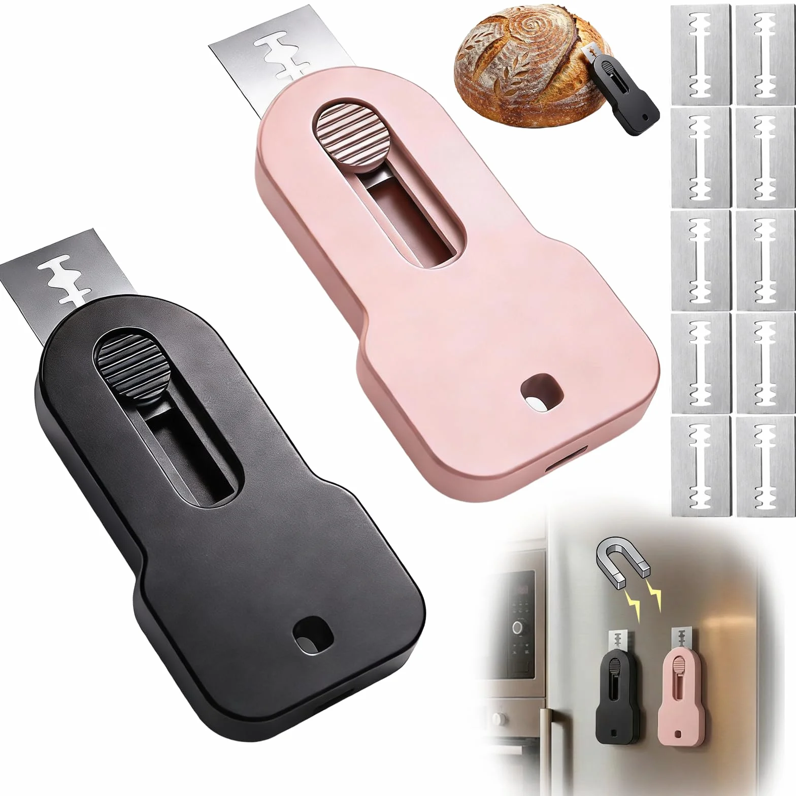2 Piezas Cuchillos de Panadero, Cuchillo para Pan con 10 Hojas Afeitar Acero Inoxidable, Magnético Cuchilla Panadero con Hoja Pequeña, para Horneado y Panadería