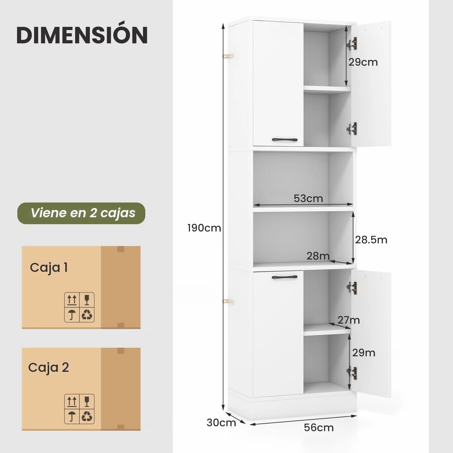 GIANTEX Armario Alto de Baño 56x30x190 cm Mueble Almacenamiento 4 Puertas 2 Compartimentos Abiertos Organizador 6 Estantes Blanco