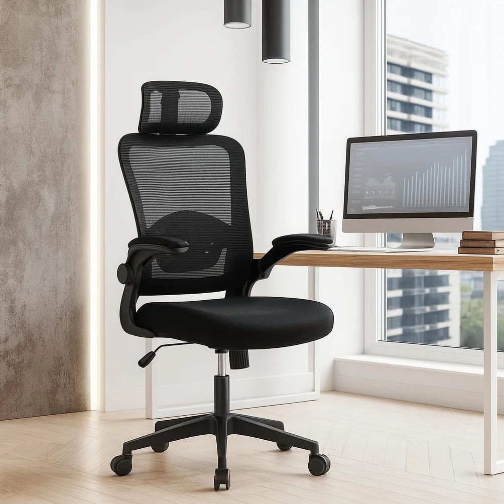 Silla de Oficina Ergonómica Giratoria con Ruedas, Malla Transpirable, Reposacabezas y Apoyabrazos Ajustable