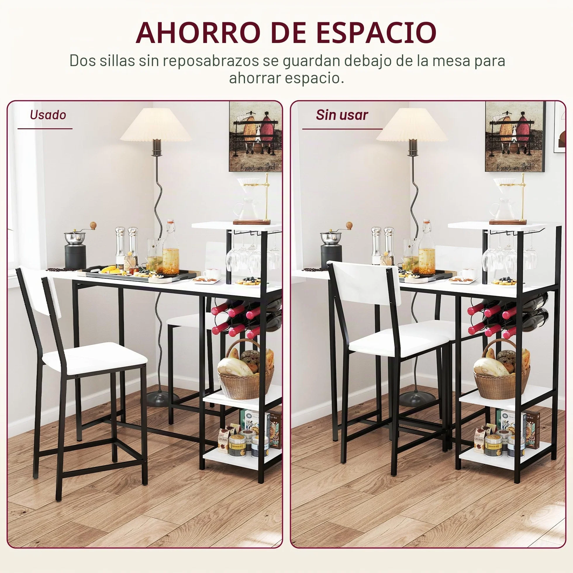 HOMCOM - Conjunto de Mesa de Bar con taburetes, Mesa de Comedor de pie con 2 sillas de Bar, Tapa Plegable, taquillas para Vino, portavasos, estantes Abiertos y reposapiés, Efecto mármol Blanco
