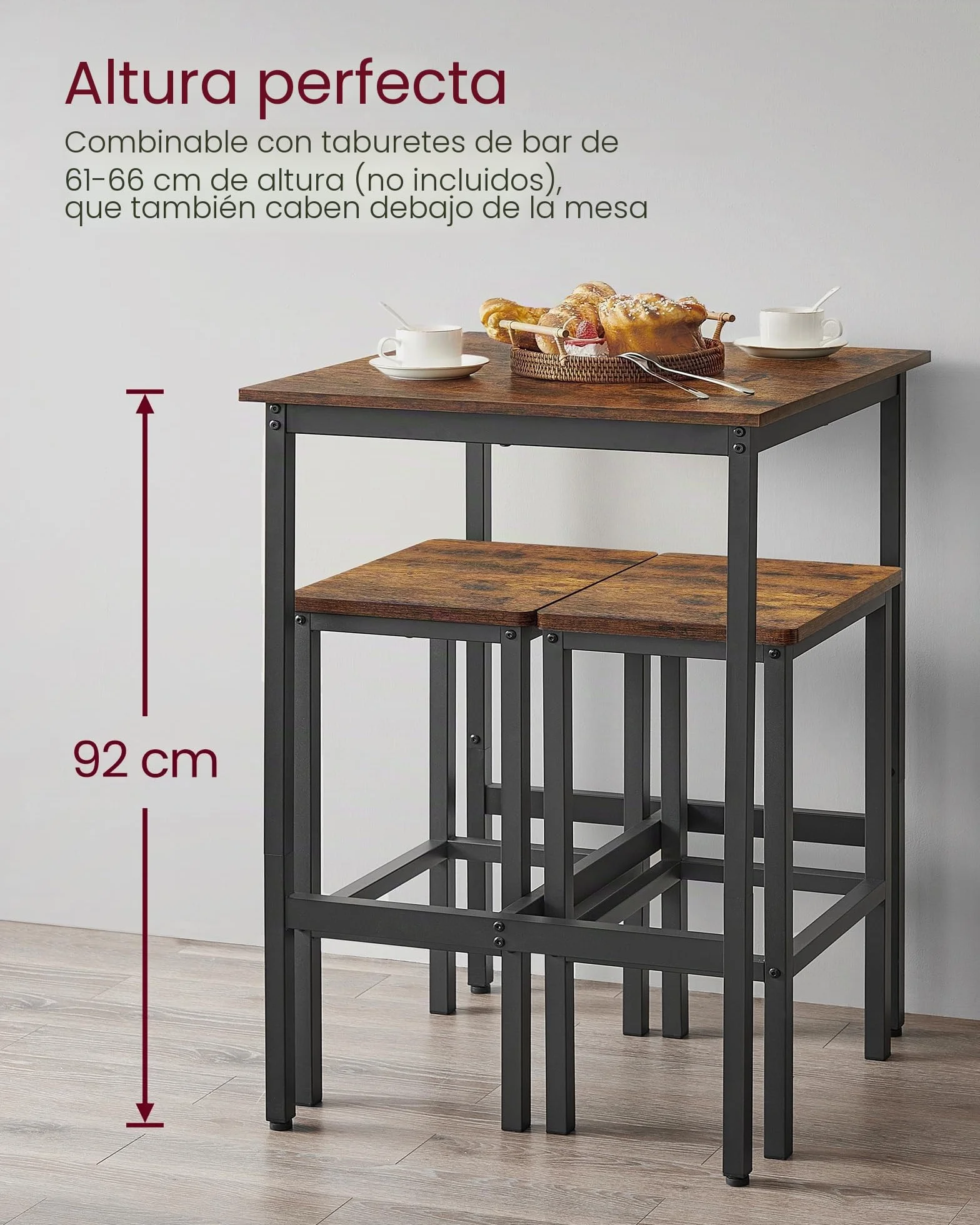 VASAGLE Mesa de Bar, Mesa Alta Cuadrada, Marco de Acero Resistente, 60 x 60 x 92 cm, FÁcil de Montar, para Sala de Estar, Cocina, Estilo Industrial, MarrÓn RÚstico y Negro LBT25X