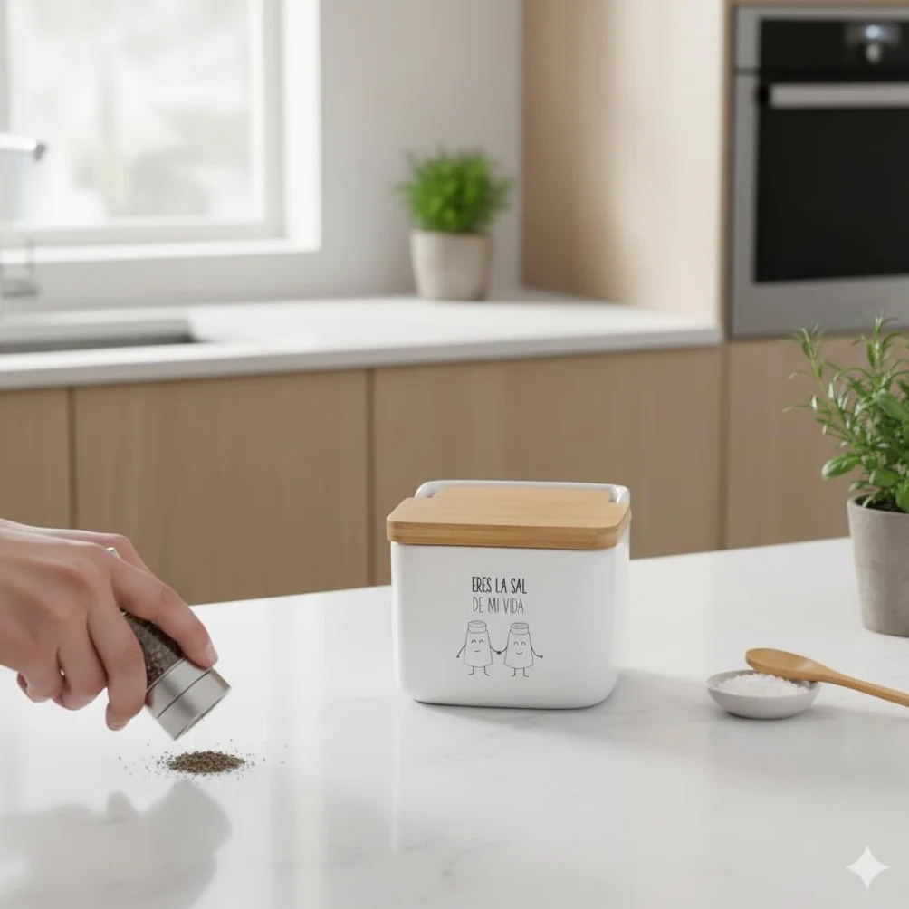 Salero de Cocina de Cerámica con Tapa de Madera Diseños Originales ECHALE Sal A TU Dia