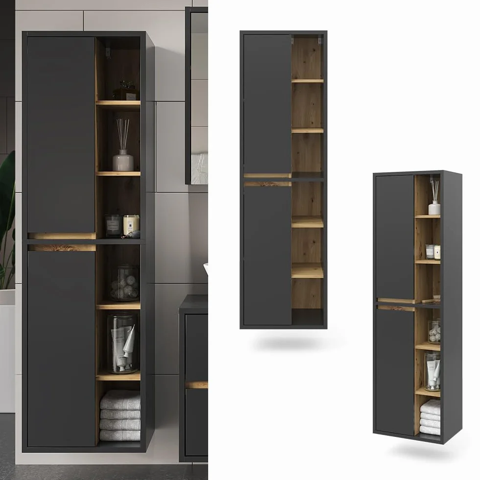 Vicco Armario de baño Viola, Antracita, 50 x 170 cm con Puertas y Compartimentos Abiertos, Apto para Montaje en Pared y combinable con Otros Muebles Viola