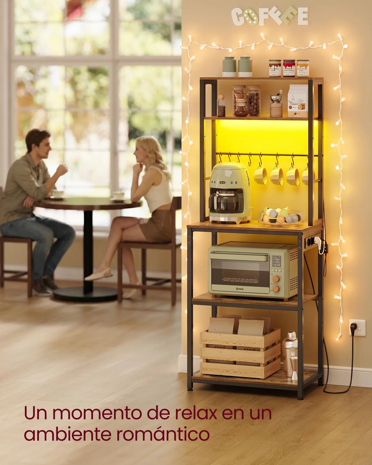 VASAGLE Estantería de Cocina con Iluminación LED, Estante para Microondas con Estantes Ajustables, 8 Ganchos, 40 x 60 x 168.4 cm, Marrón y Negro Mate