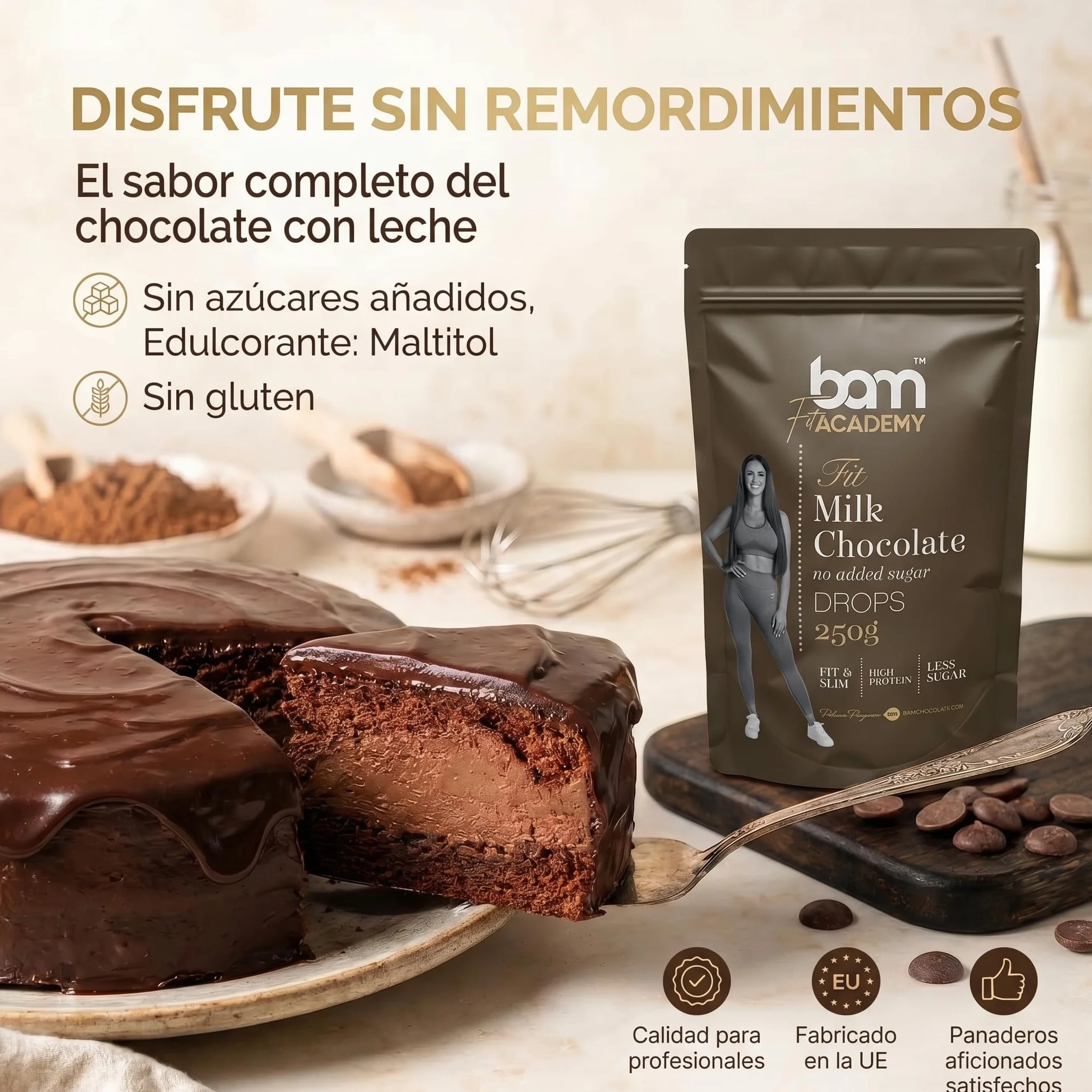 BAM Pepitas de Chocolate con Leche sin Azúcar Añadido 250 g Chocolate para Fundir 31.5% Cacao