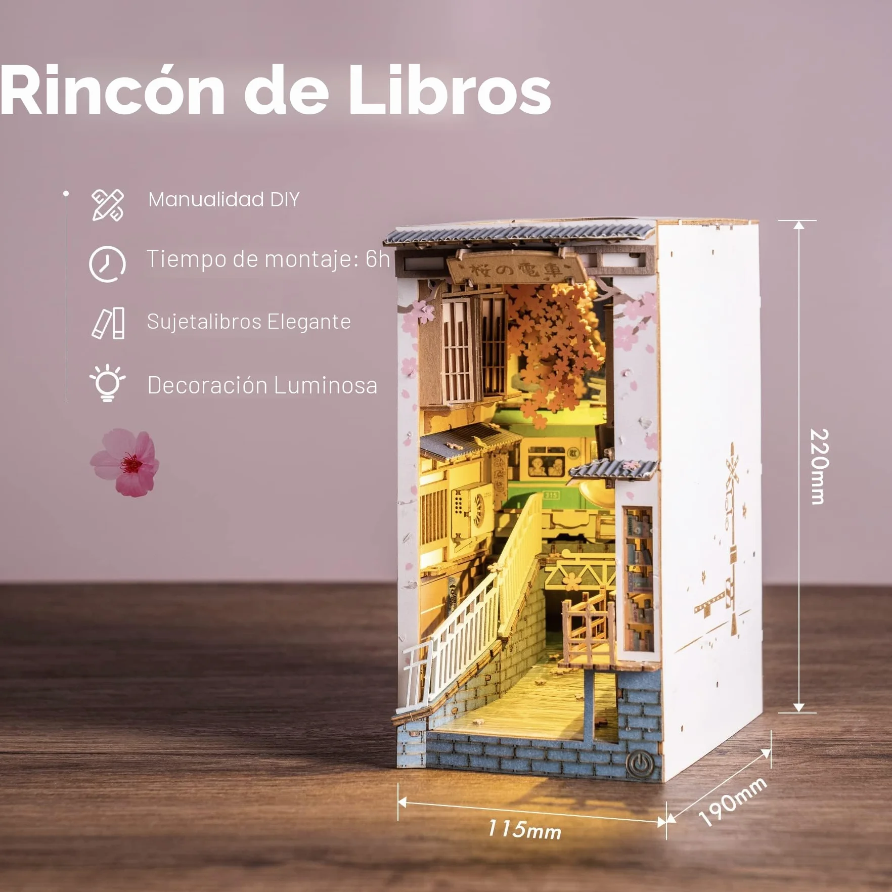 ROBOTIME Sakura Densya Book Nook Kit, Casa Libros de Madera, Bookend con Luces LED, Hogar, Decoración de Estantería, Regalo del Día de la Madre