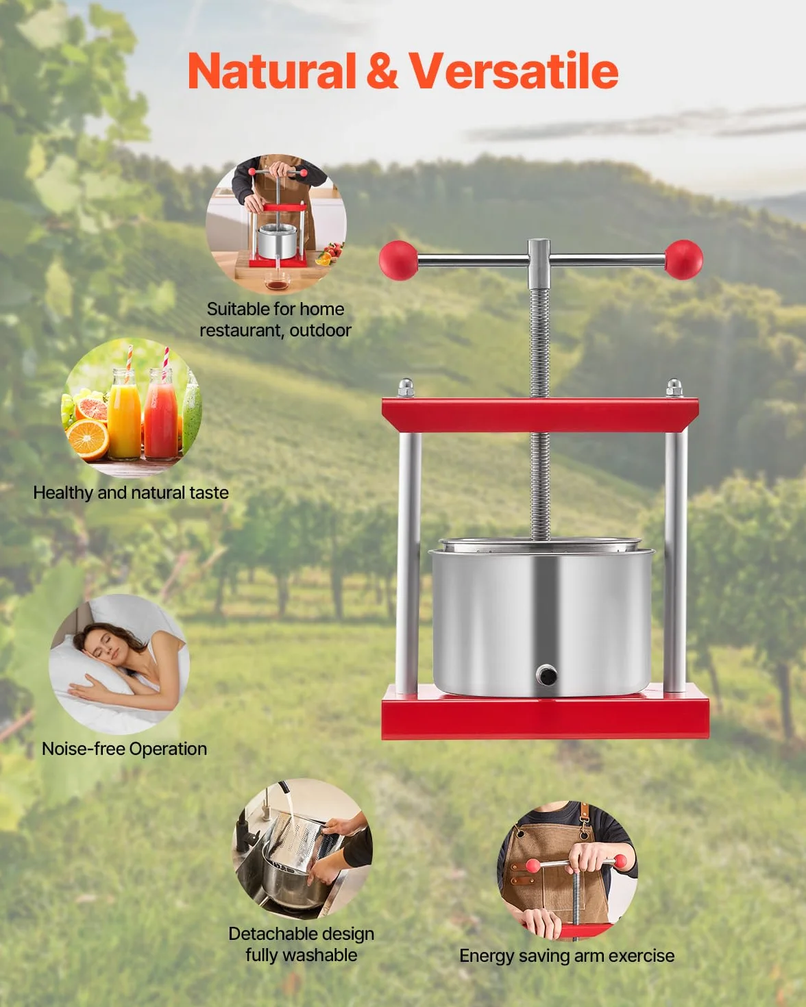 VEVOR Prensa de Vino de Frutas 3 L, 2 Barriles de Acero Inoxidable, Exprimidor Manual, Sidra, Manzana, Tintura de Uva, Miel, Aceite de Oliva, para Cocina al Aire Libre y Hogar, 260 x 205 x 560 mm