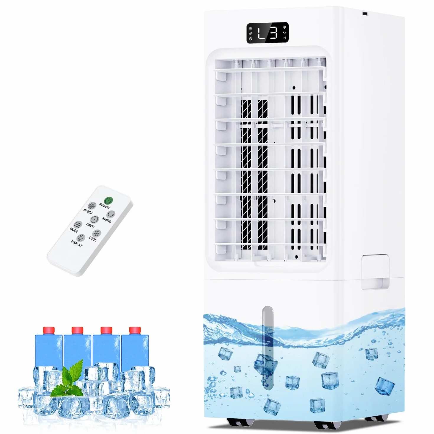 Aire Acondicionado Portátil 4 en 1, Enfriador de Aire 6L Tanque, 3 Modos, 3 Velocidades, 60° Oscilación, Temporizador 1-12 H, Control Remoto