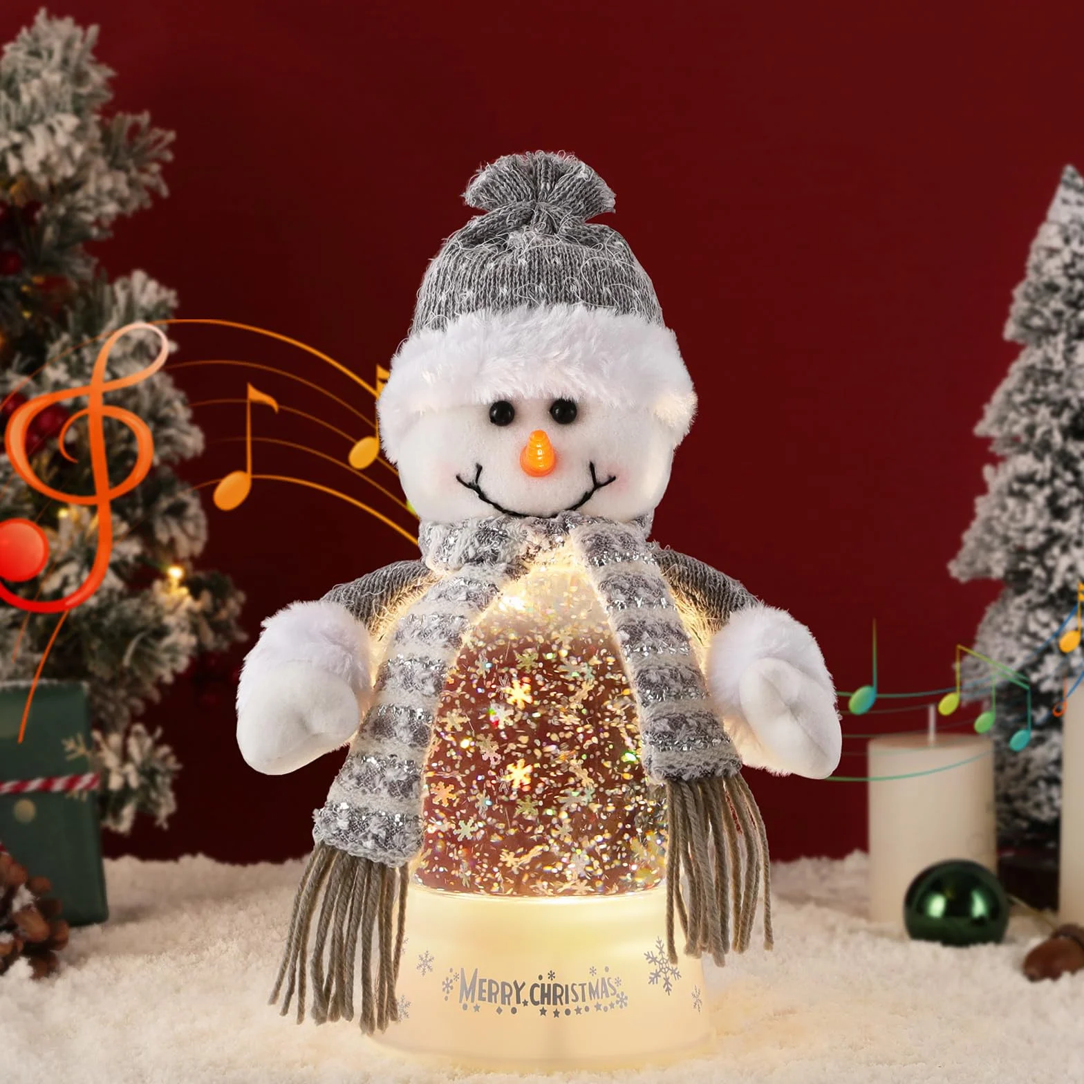 Lewondr Globo de Cristal Nieve Navideño, Hombre de Nieve con Bufanda Gris, Spinning Glow y 8 Canciones, Caja Musical Árbol Navidad, Alimentado por la Batería Lámpara de Navidad