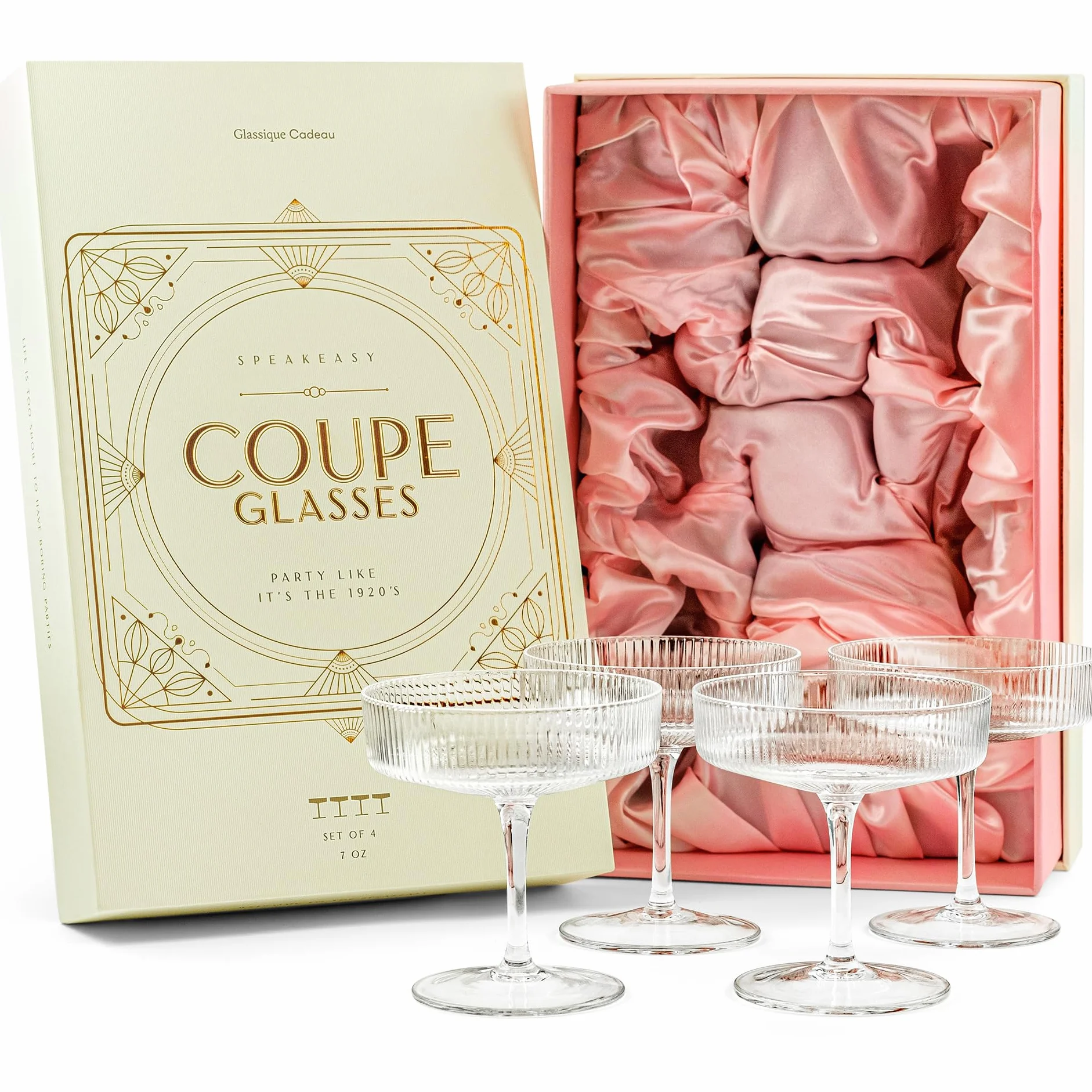 Copas Clásicas Art Déco Coupé | Juego de 4 | 200 ml | Cristalería Clásica para Cócteles, Champán, Martini, Manhattan, Cosmopolitan | Copas de Champán con Platillo de Cristal Acanalado