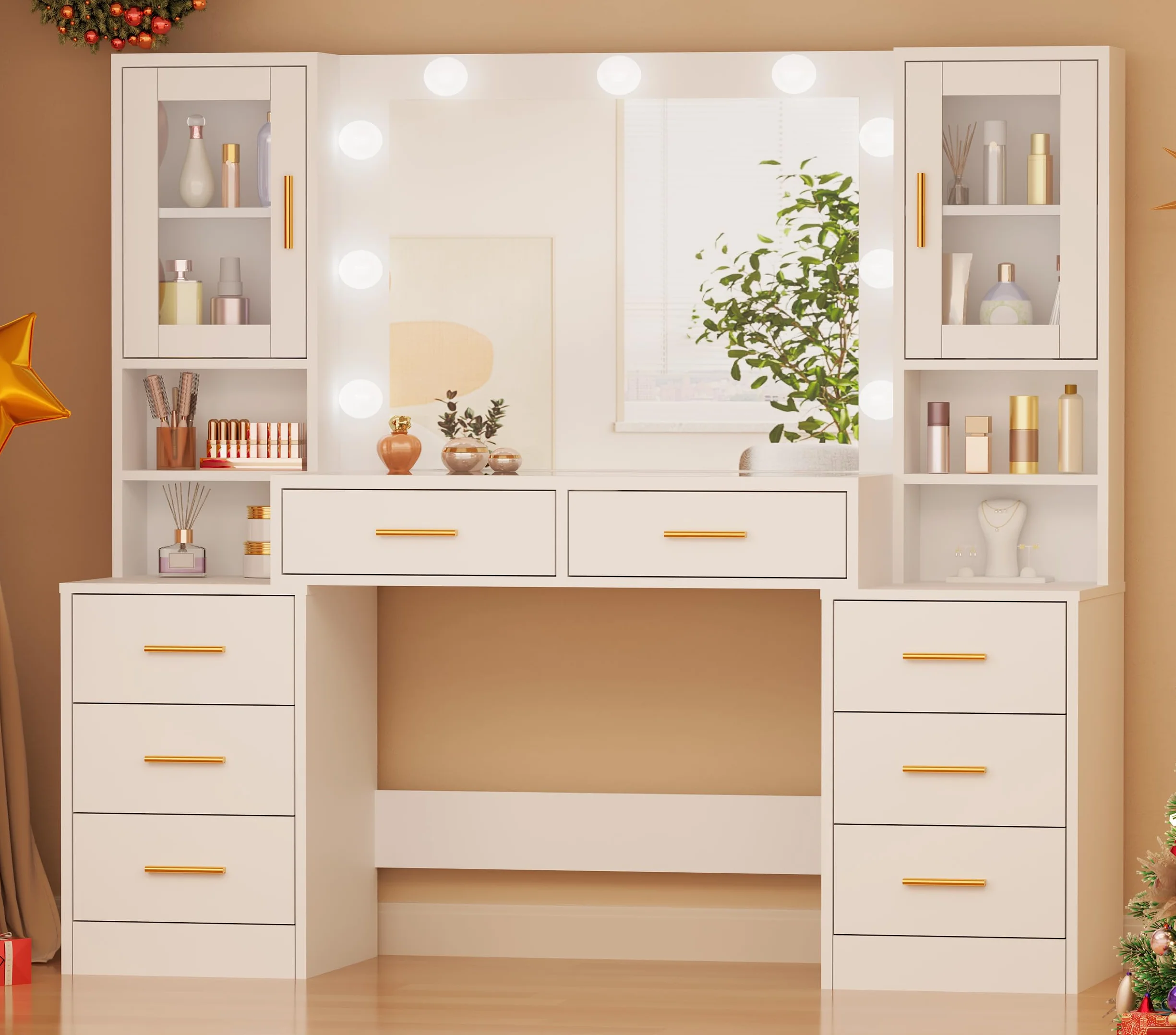 BEWISHOME Tocador de Maquillaje con Luces LED, Brillo Ajustable, 8 Cajones, Blanco EFST37W