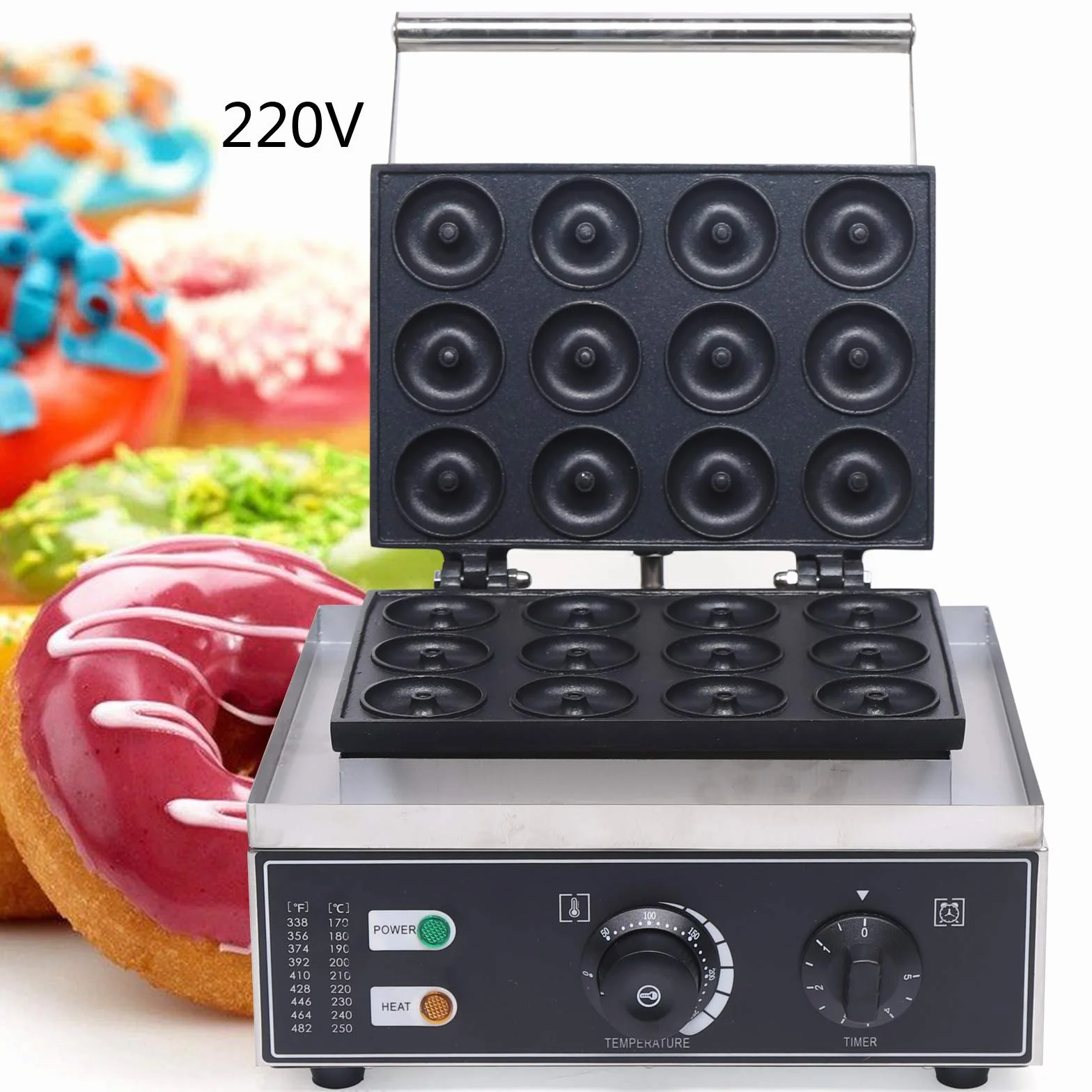 Máquina de donuts eléctrica 1550 W, 12 moldes antiadherentes – Freidora profesional para café, panadería y hogar | Ajuste de temperatura 50-300 °C y temporizador, acero inoxidable, 220 V