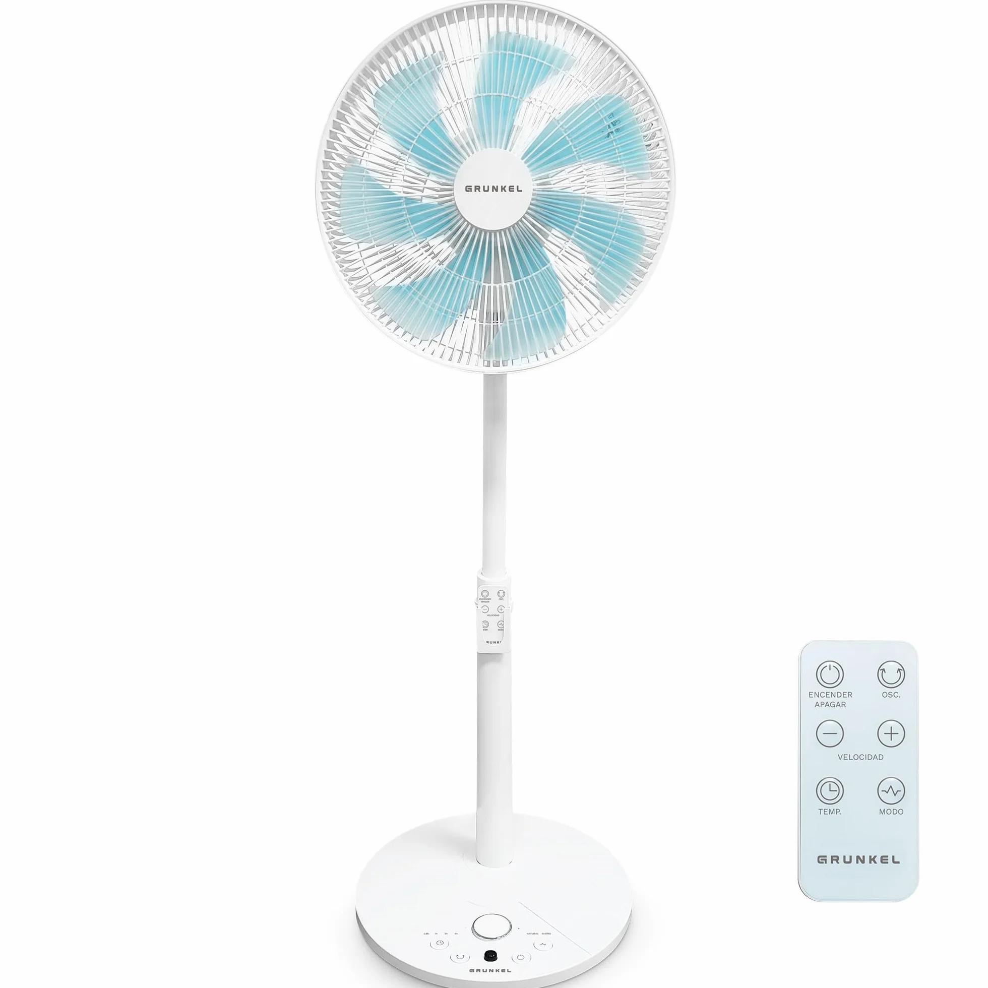 Grunkel Ventilador de Pie Ultrasilencioso PS de 36cm 14” | 12 Velocidades | 7 Aspas | Oscilación 100° | Temporizador 12h | Mando a Distancia | 30W (Blanco control cabezal)