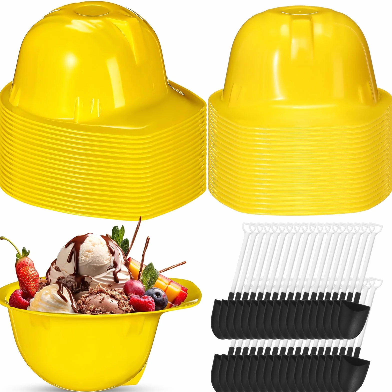 Uiifan Juego de 36 juegos de tazas de plástico para helado, tazas de yogur congelado con cucharas, sombrero de construcción resistente, helado para fiesta temática de construcción, regalo para niños