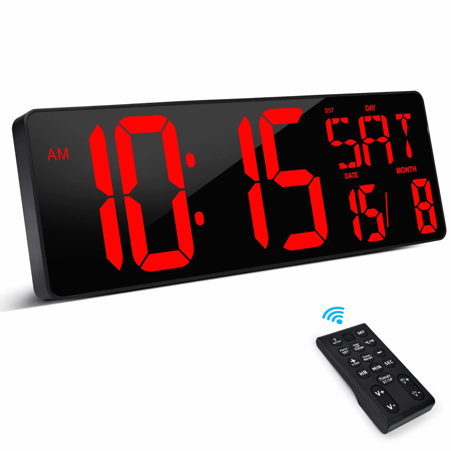 XREXS Reloj de Pared Digital con Control Remoto, 16,5'' Reloj Digital LED Pared Grande, Reloj Despertador Digital con Brillo Ajustable, Reloj Pared Digital con Hora/Fecha/Temperatura (Rojo)