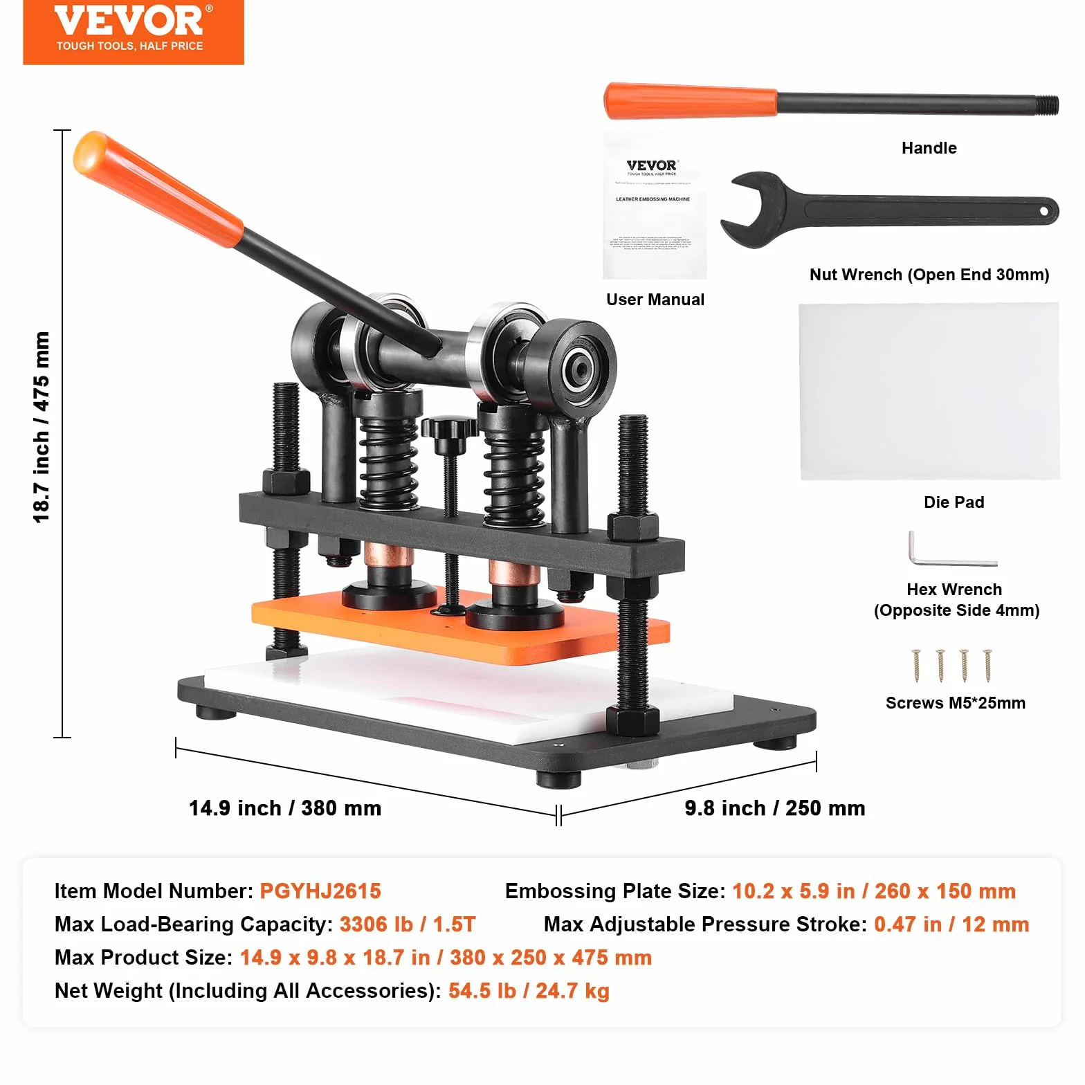 VEVOR Máquina Cortadora de Cuero 260x150 mm Capacidad de Carga de 1,5 T Prensa Troqueladora Manual Carrera Ajustable 12 mm Perforadora Manual para Cuero Papel Espuma Plástico Caucho Varios Materiales