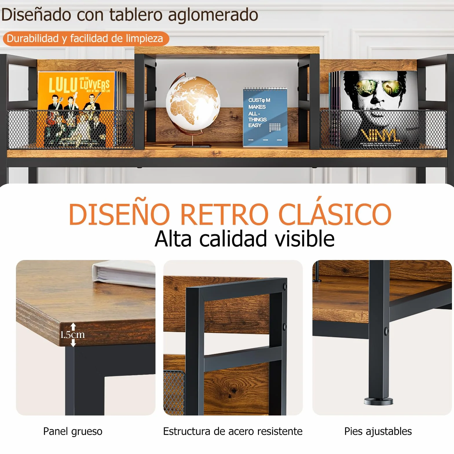 Mueble para Tocadiscos con Almacenamiento de Vinilos, Estantería Retro 3 Niveles, Capacidad 350 LPs, 116.5×37×77.5cm