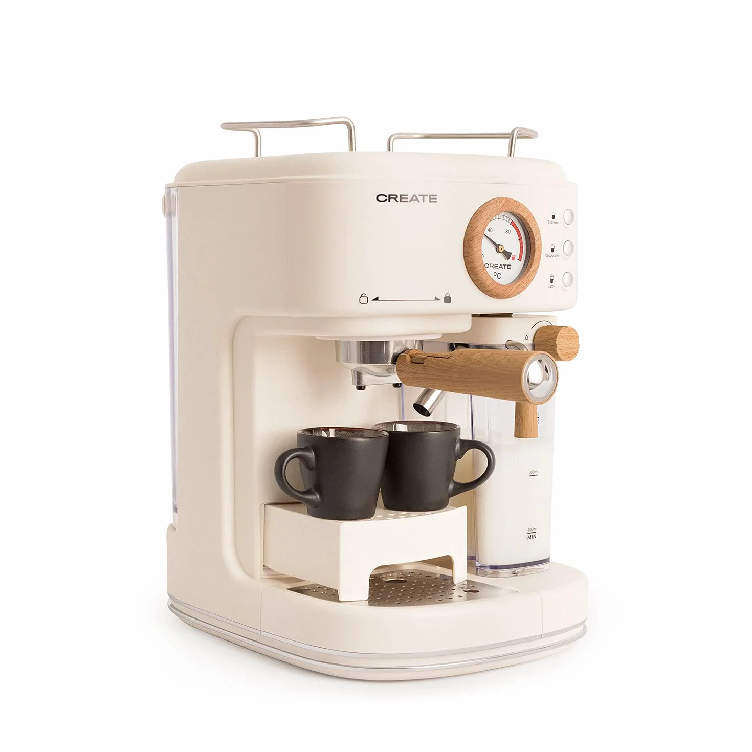 CREATE / THERA RETRO PRO/Cafetera Express semiautomática Blanco Roto / 20 bares, depósito de leche, bandeja de goteo, dos salidas,capacidad 1,5l, para café molido, 1250W