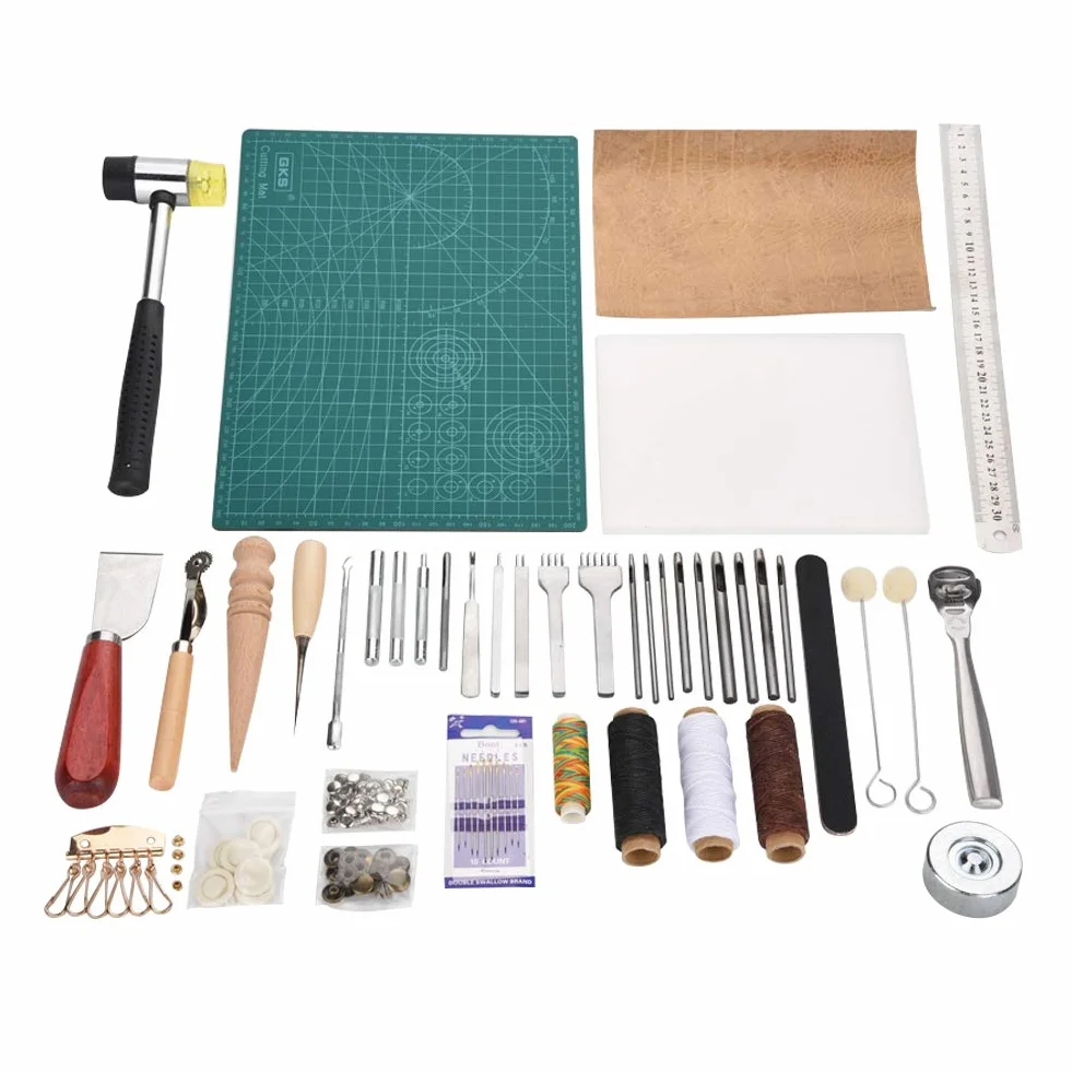 Kit de herramientas de trabajo Leathercraft, 42 piezas Herramientas de artesanía de cuero Kit de punzonado Costuras de trabajo Conjunto de costura Groover Herramientas de estampado de martillo