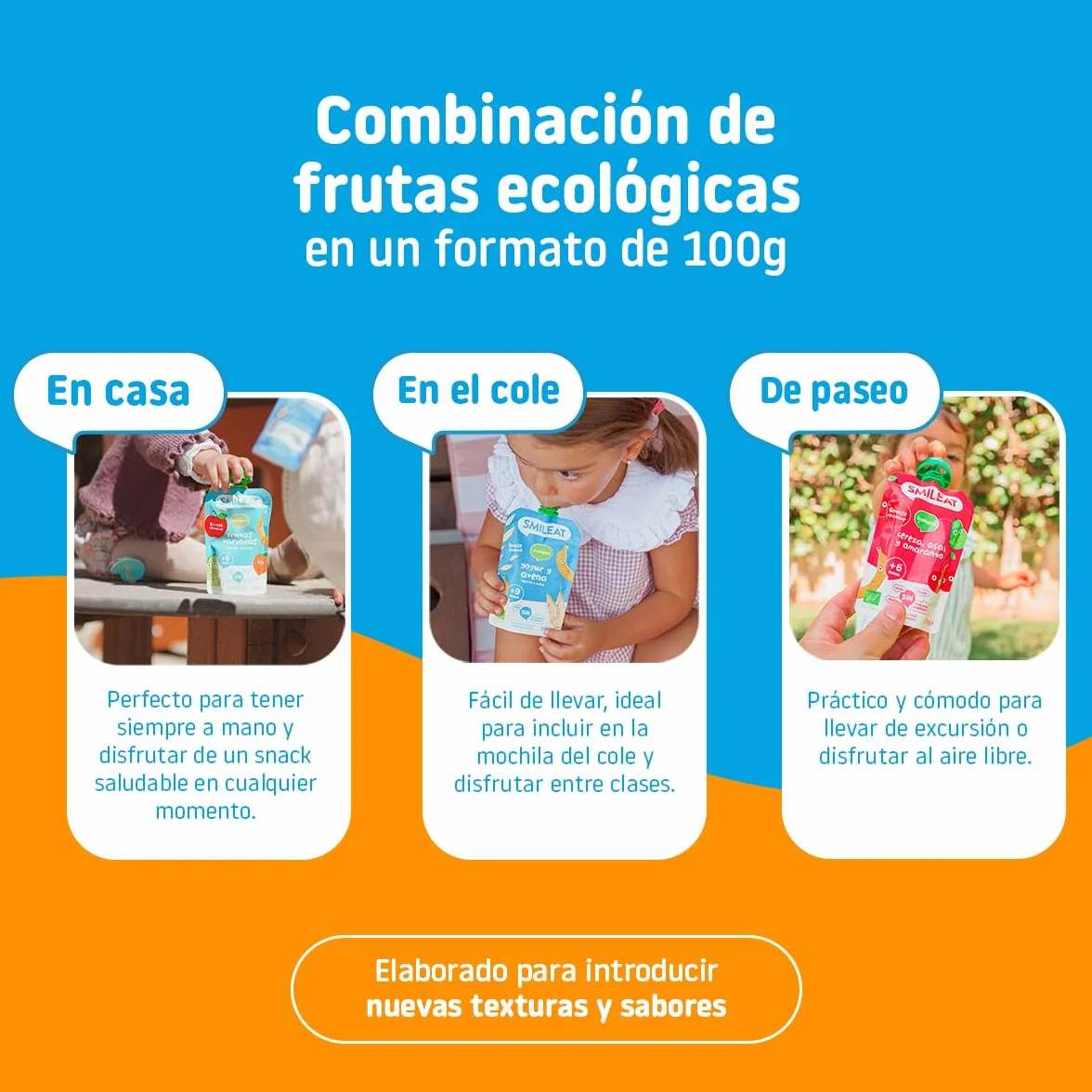 Smileat Pouch de Frutas Ecológicas Sin Azúcar Añadido Sin Gluten Snack para Peques Leche de Almendras Mango y Piña