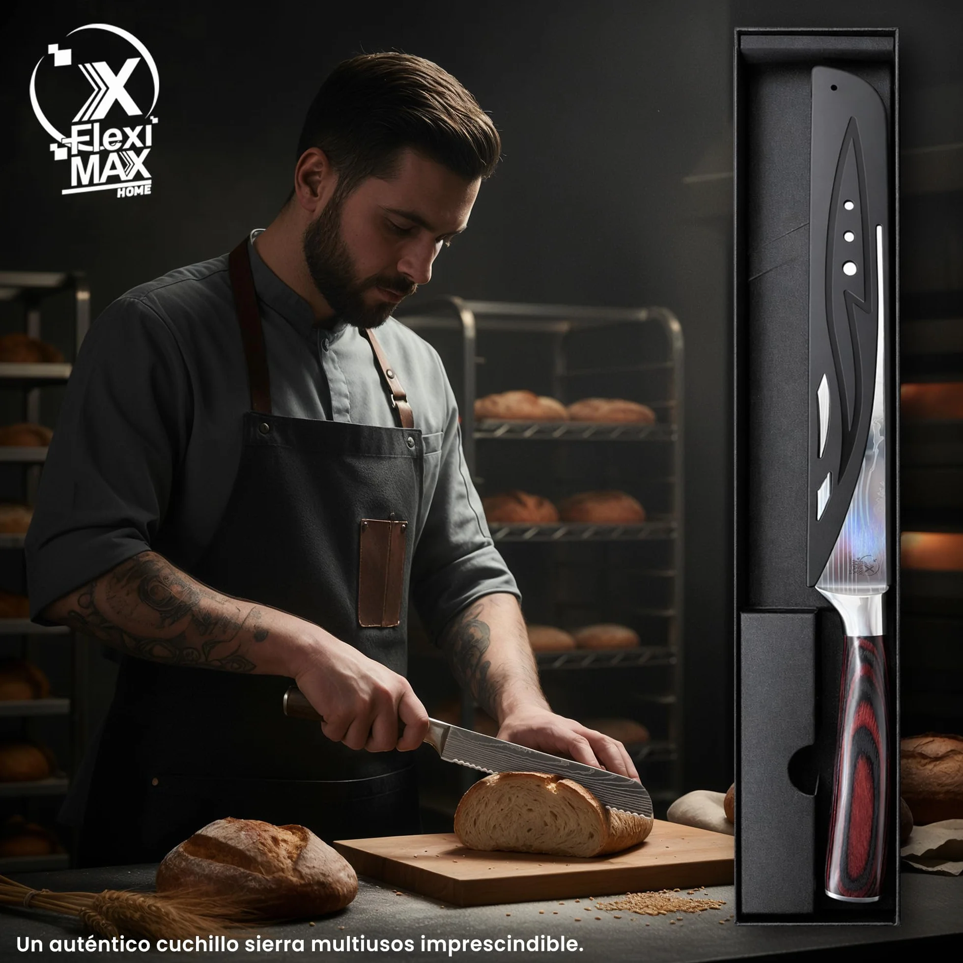 Cuchillo de Pan Profesional 20 cm Cuchillo de Sierra para Pan Crujiente y Baguette Cuchillo de Cocina de Acero Inoxidable con Mango de Madera Ergonómico Cuchillos cocina Profesional