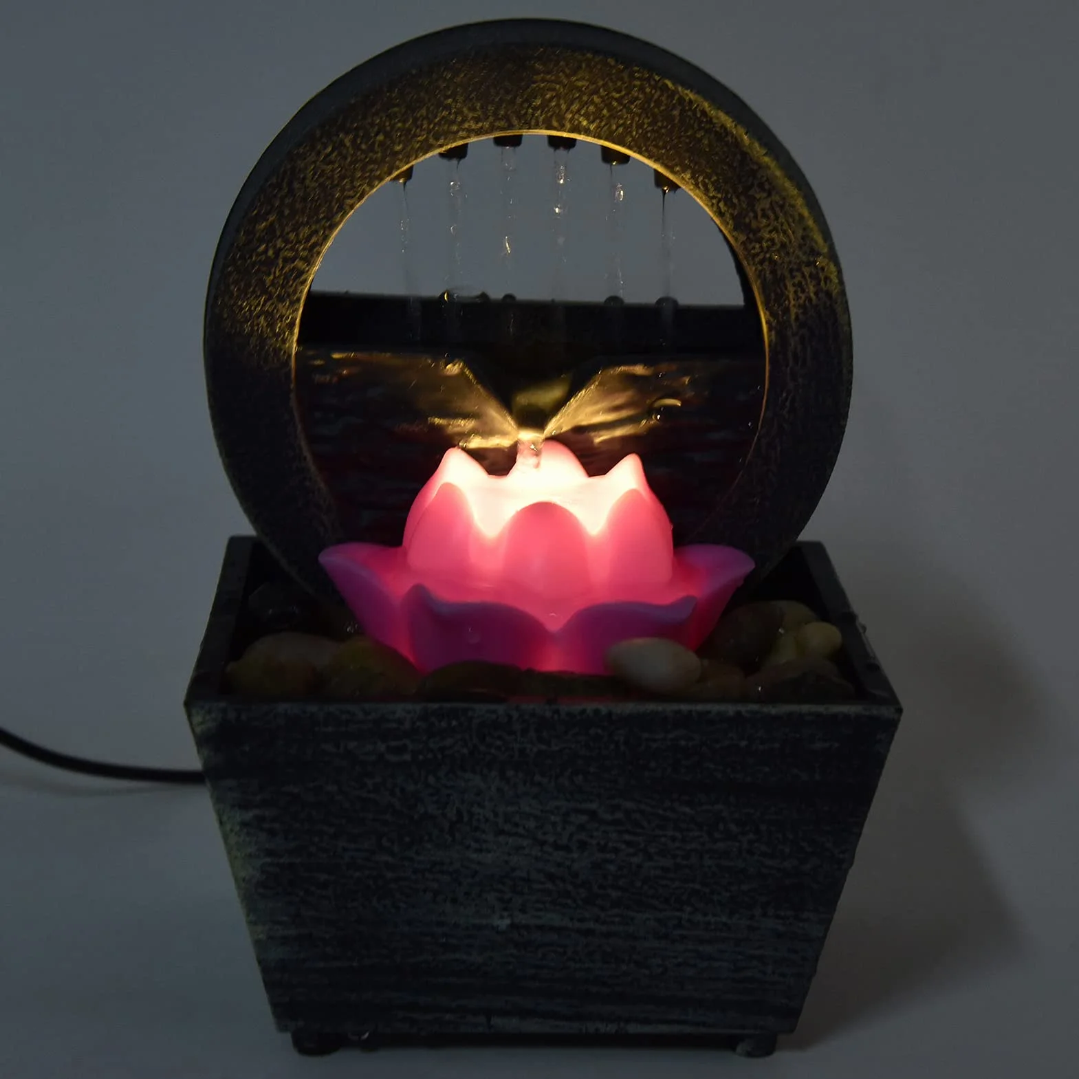 Fuente de Interior, Fuente de Agua LED con Flores de Plástico, Fuente de Mesa con Piedras para Decoración de Mesa en Casa, Oficina, Dormitorio, Sala de Estar
