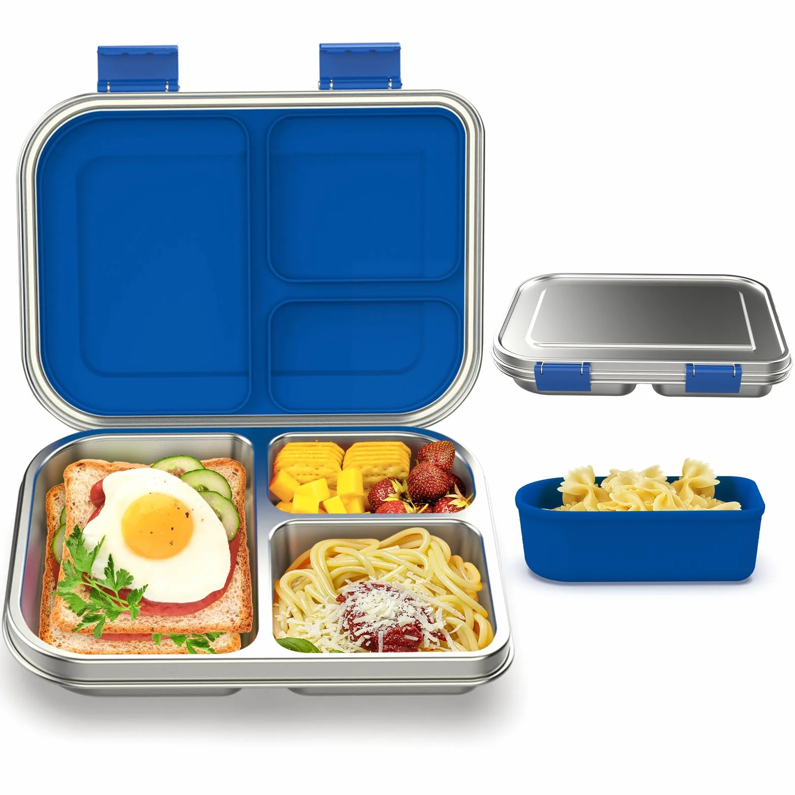 Fiambrera de acero inoxidable para niños, fiambrera de metal Bento a prueba de fugas, 3 compartimentos con recipiente de silicona, apto para lavavajillas, diseño adecuado para niños, para escuela