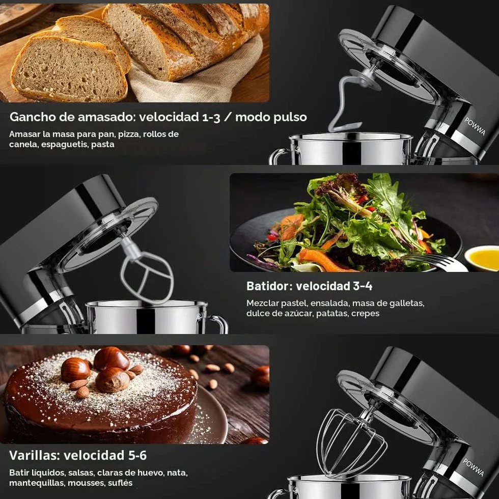 Batidora Amasadora, POWWA Amasadora de Pan Repostería 1500W, 6 Velocidades con Pulso, Potente y Bajo Ruido, Robot de Cocina Amasador Multifuncional, Bol de Acero Inoxidable 5.5 L Capacidad