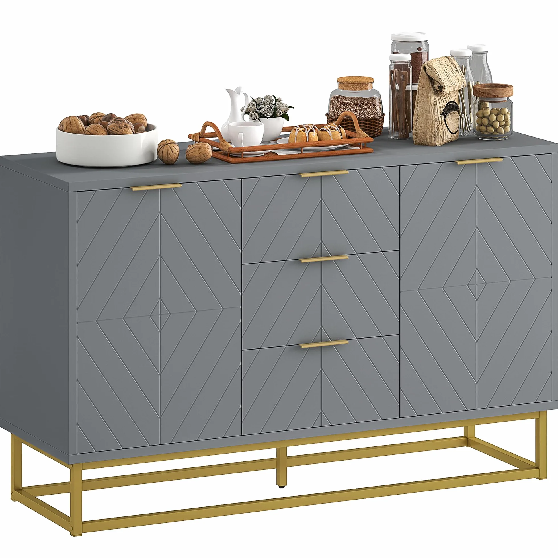 HOMCOM Aparador Moderno Aparador para Salón con 3 Cajones 2 Puertas y Estante Ajustable Mueble Auxiliar para Salón Cocina Antivuelco 120x40x76 cm Gris