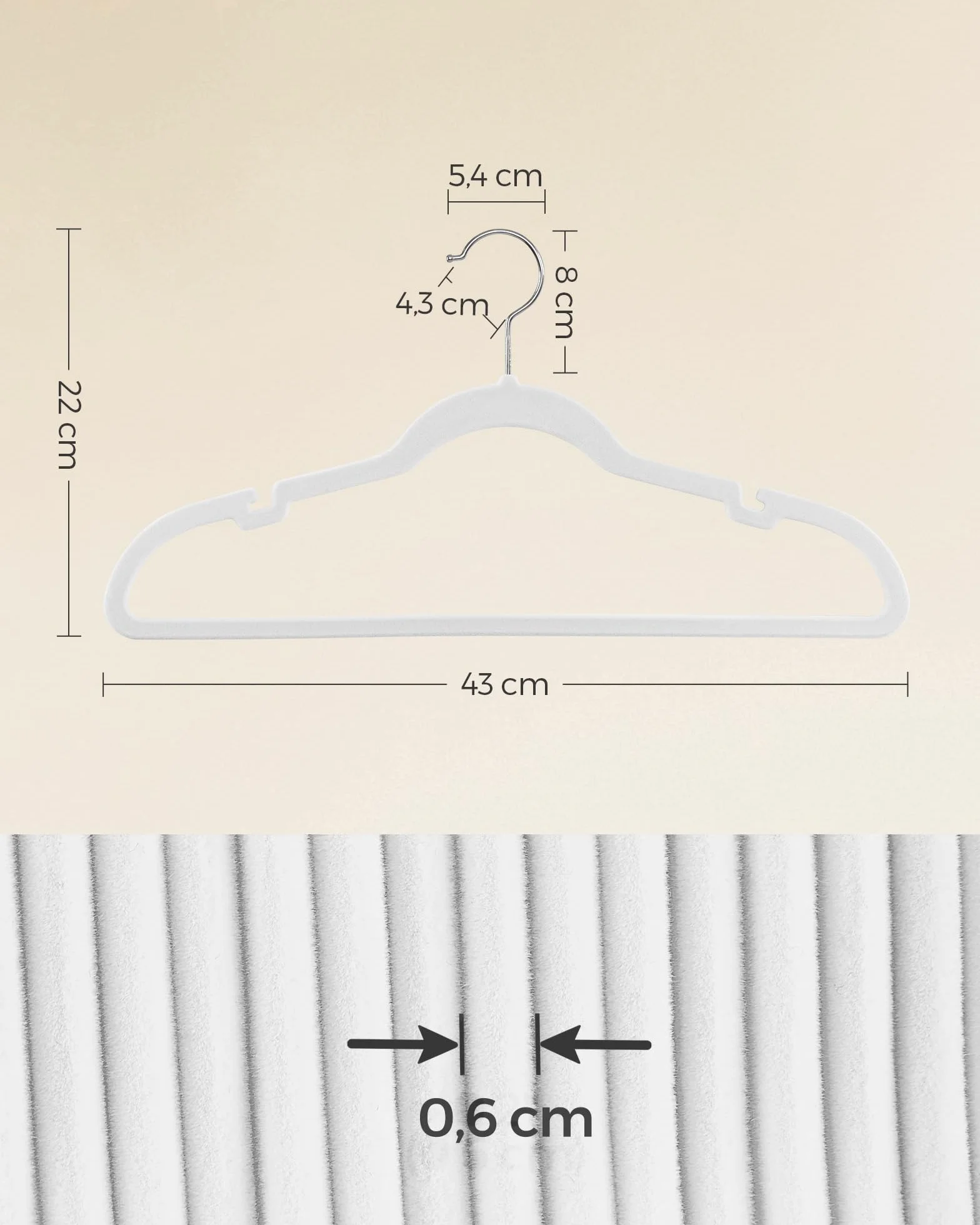 SONGMICS Perchas de Terciopelo Juego 30 Piezas Antideslizantes Ranuras Hombros Barra Pantalones Gancho Giratorio 360° 0,6 cm Grosor 43 cm Largo Blanco