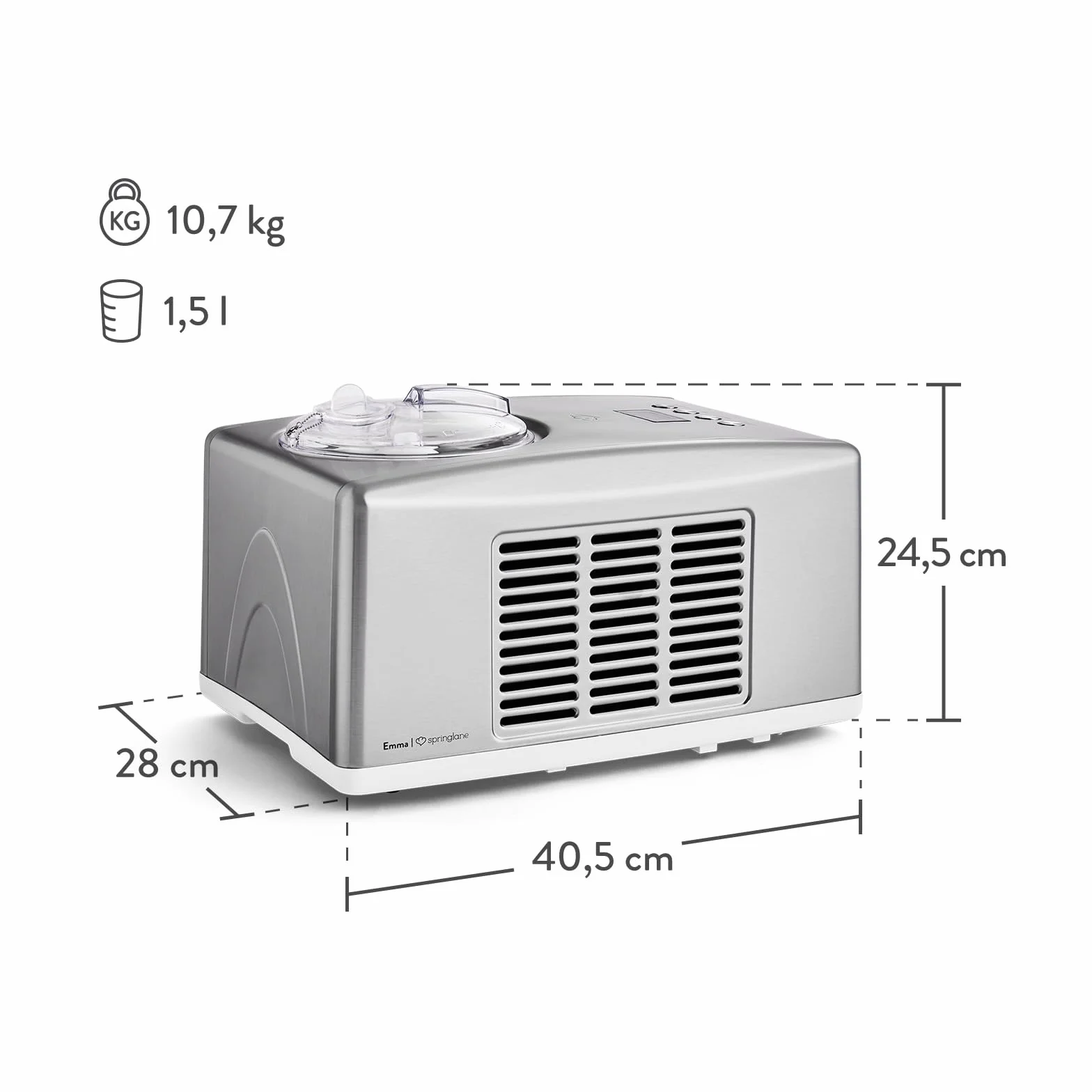 SPRINGLANE Máquina para hacer helados caseros EMMA, Ice cream maker, Heladera con compresor 1,5 l, recipiente extraíble y pantalla LCD + Libro de recetas
