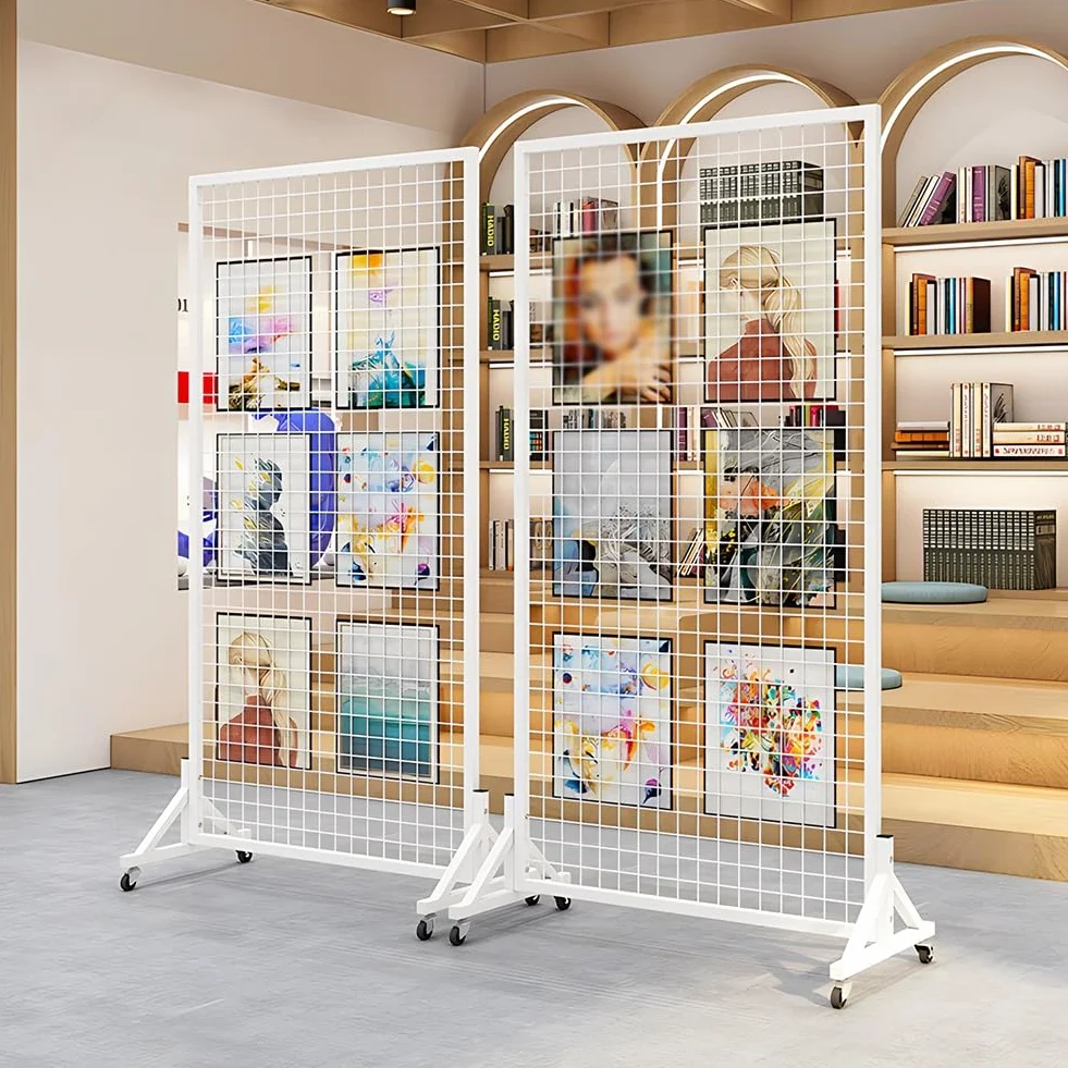 Expositor De Pie para Paneles Gridwall Estante De Almacenamiento Móvil De Malla Metálica con 4 Ruedas 60x40x120cm Blanco