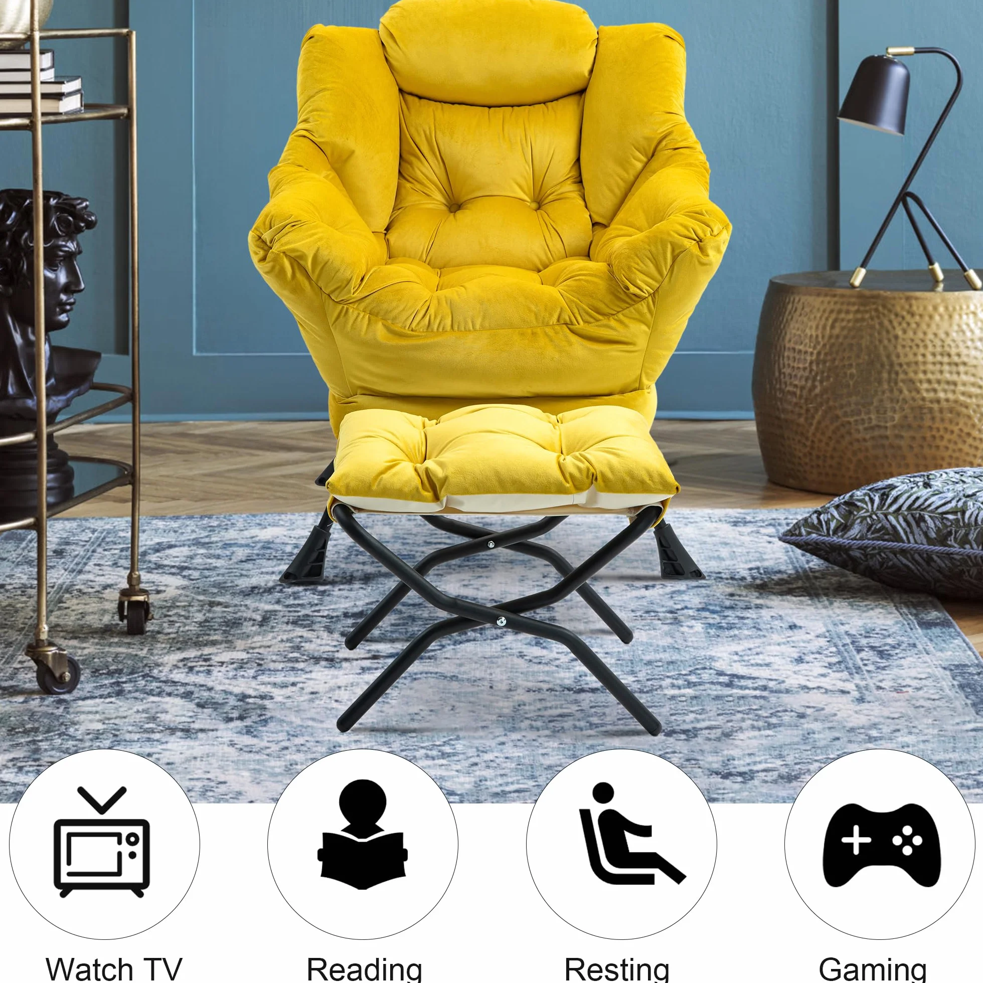 TIANSHU Sillon Relax Sillón con Reposapiés, Sillones para el Salón de Terciopelo, Butaca con Soporte para el Cuello Sillon Lectura Patas de Metal Butaca Dormitorio Sillón Tapizado (Amarillo)