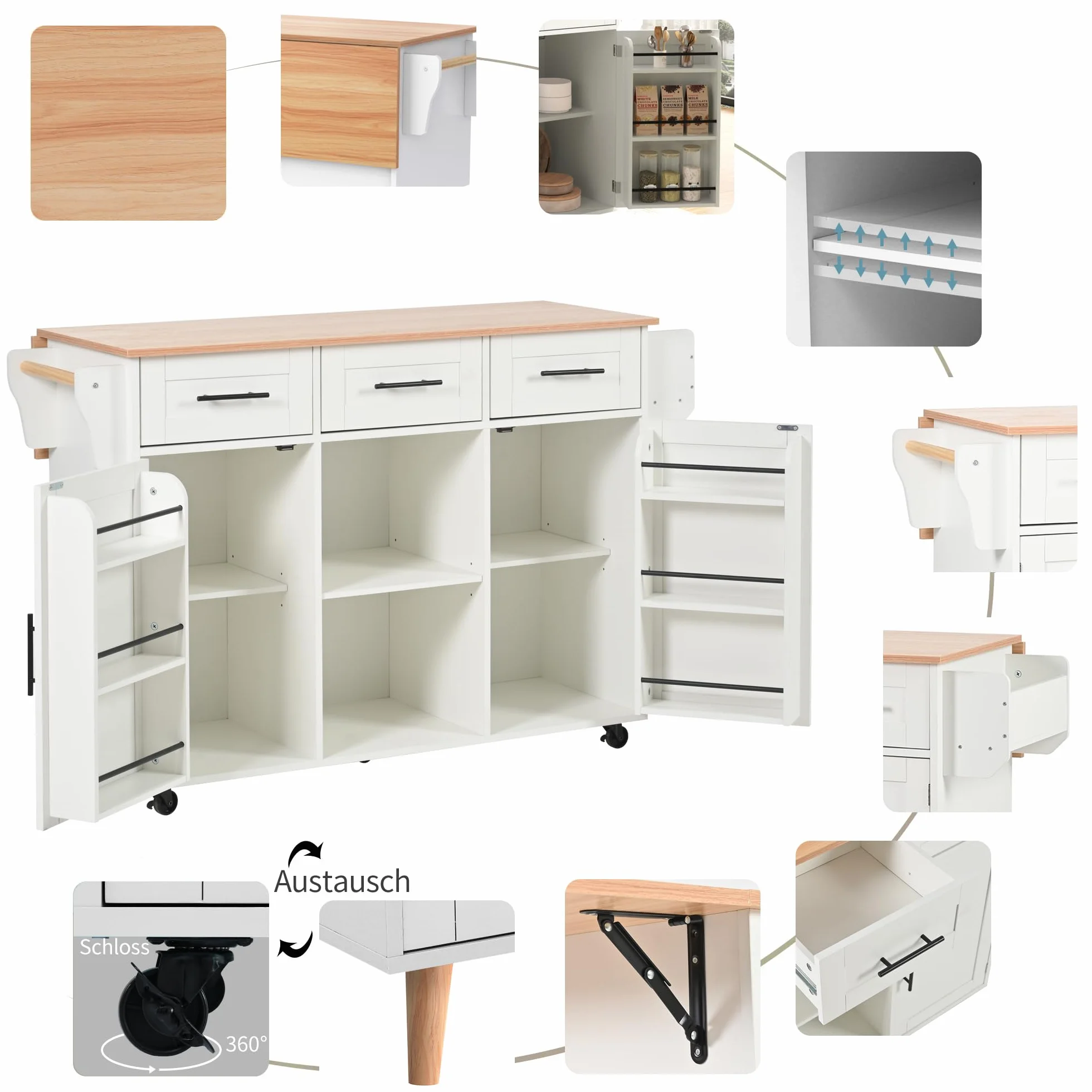 LAKFEW Isla Cocina con 5 Ruedas y Mesa Plegable, Aparador Cocina con 2 Puertas y 3 Cajones, Mueble Auxiliar de Cocina Isla de Cocina con Estantes Ajustables y Toallero, 139x46(71) x91.5 cm, Blanco