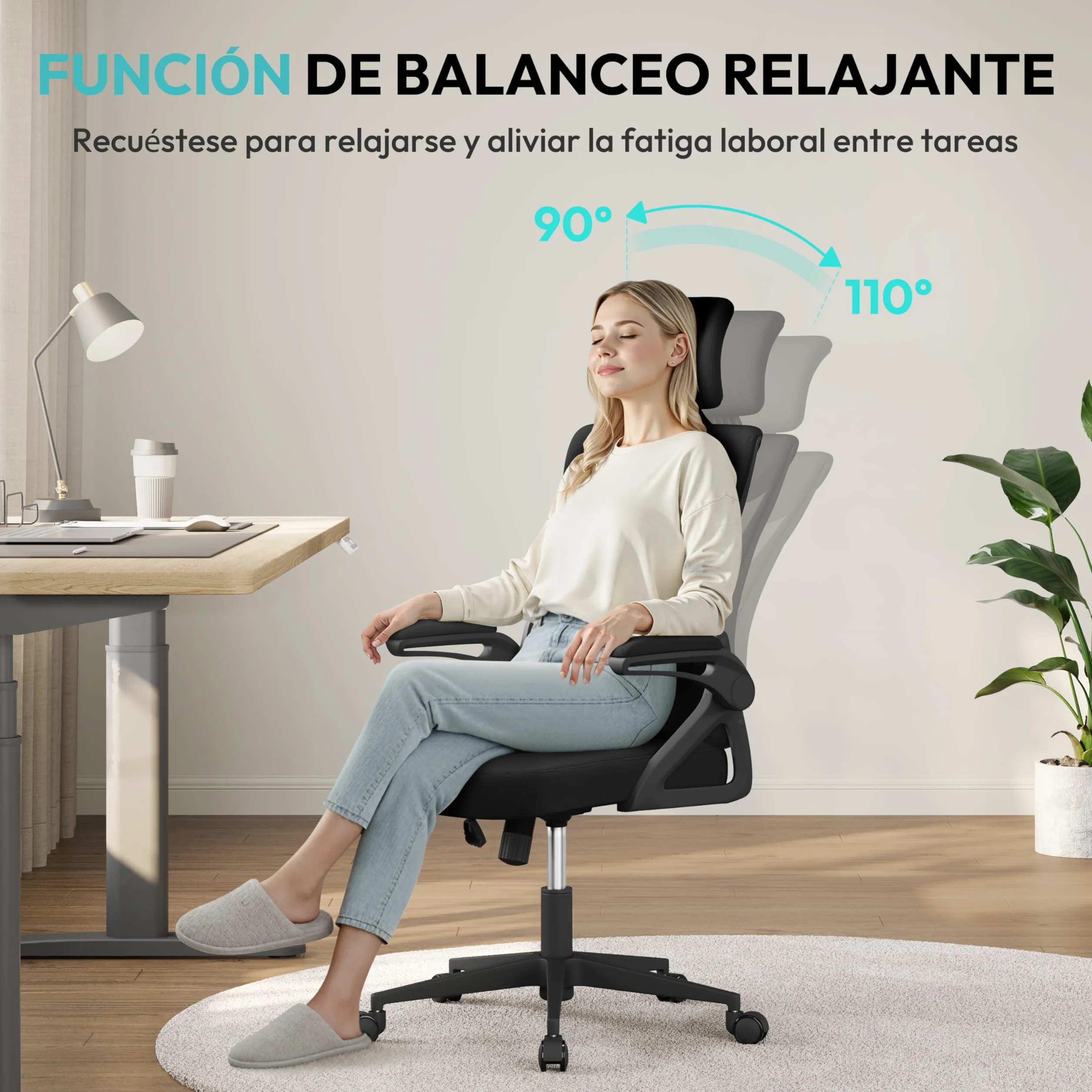 Yaheetech Silla de Oficina Ergonomica con Soporte Lumbar Ajustable Base Giratoria 70 cm Transpirable Negro