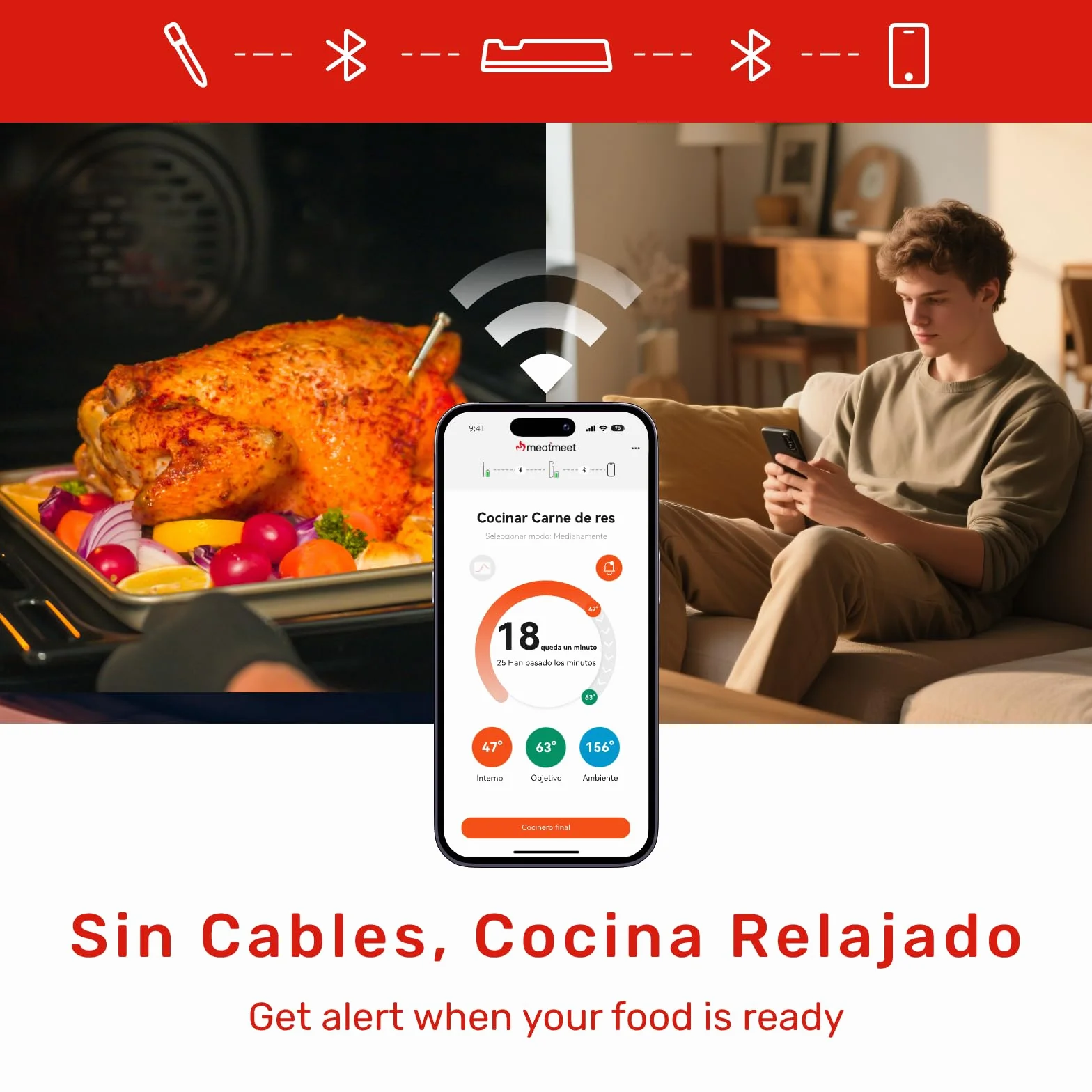S Pro - Termómetro inalámbrico para carne con Bluetooth, 6 sensores de temperatura funcionan al mismo tiempo, precisión ± 0,1 °C, control de aplicaciones con temporizador y alarma, IP69