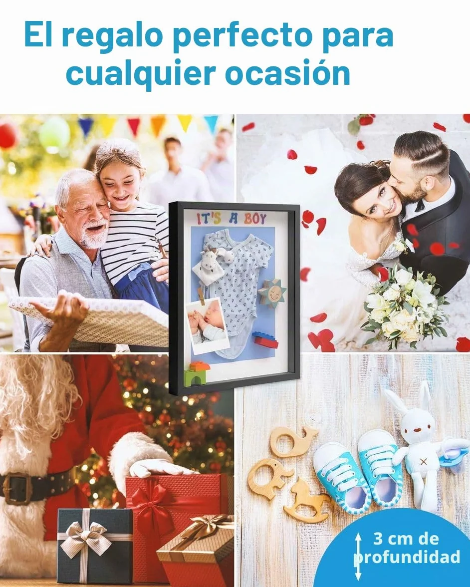 PHOTOLINI 3D Marco de fotos 40x50 cm para rellenar, blanco, marco con profundidad para objetos de hasta 3 cm, madera MDF con paspartú y cristal - para manualidades y como regalo