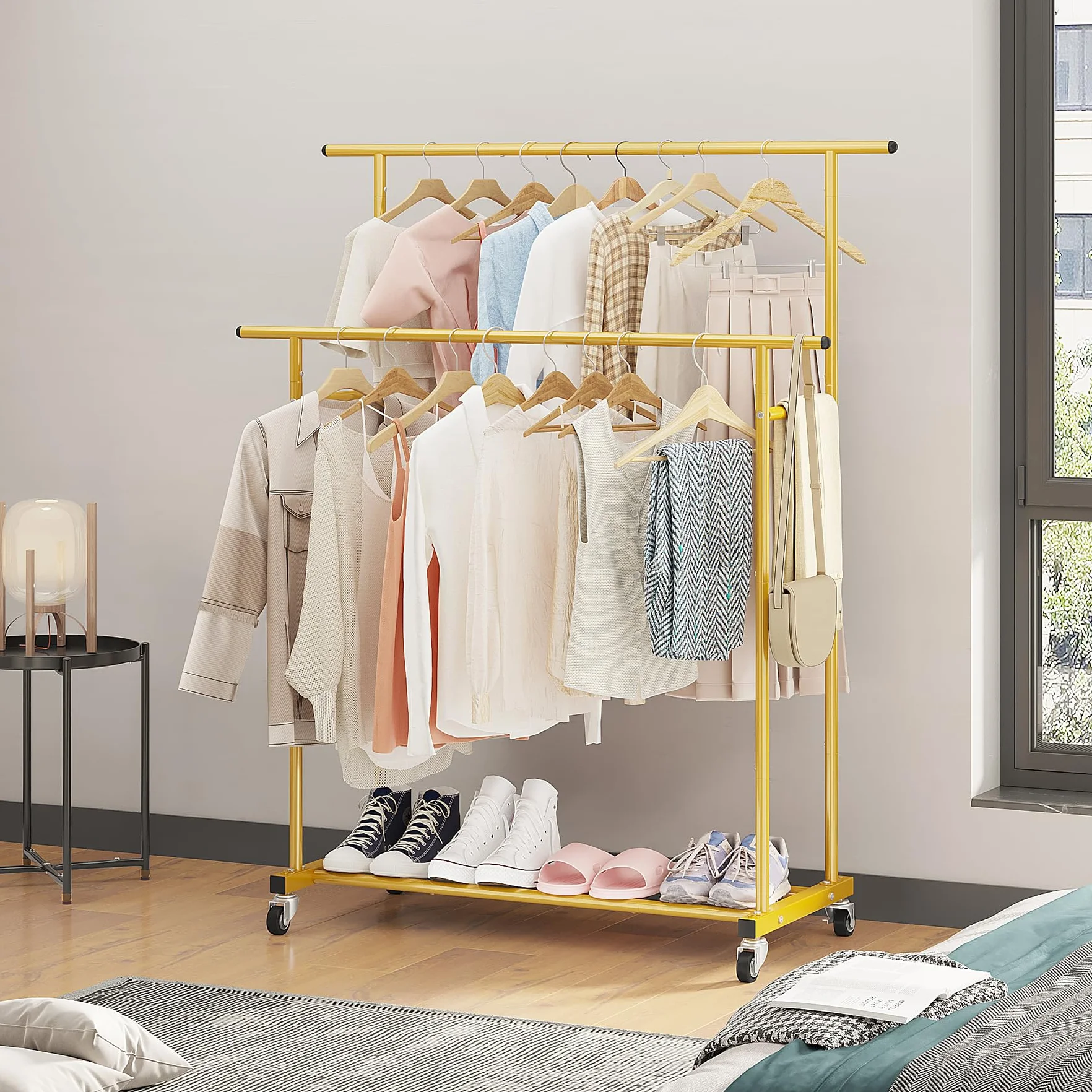 Calmootey Perchero de ropa de doble barra, estante colgante rodante, organizador de ropa portátil para dormitorio, sala de estar, tienda de ropa, dorado