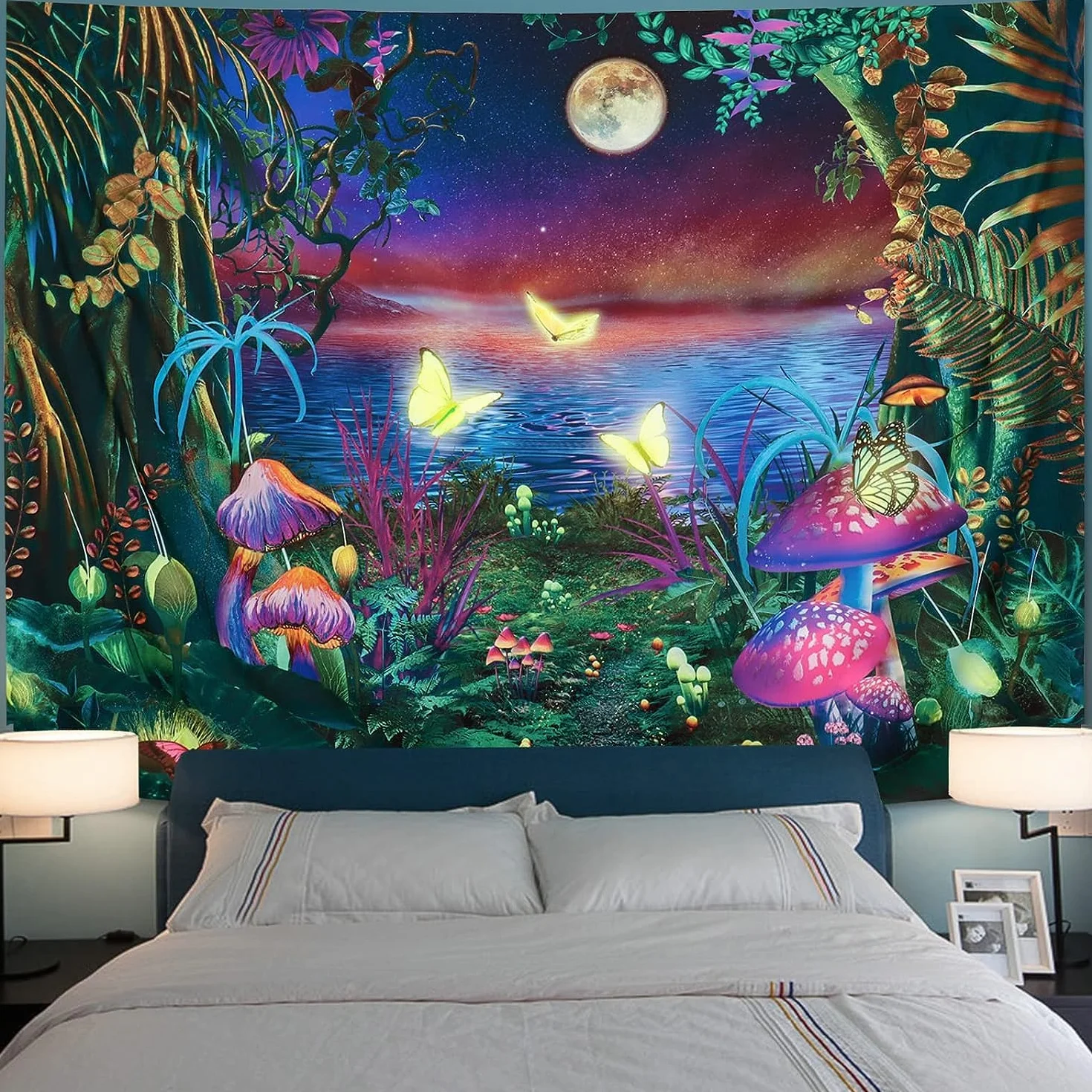 Ulticool Tapiz que Brilla en la Oscuridad Luz Negra Reactiva UV Setas Mariposas 200 x 150 cm